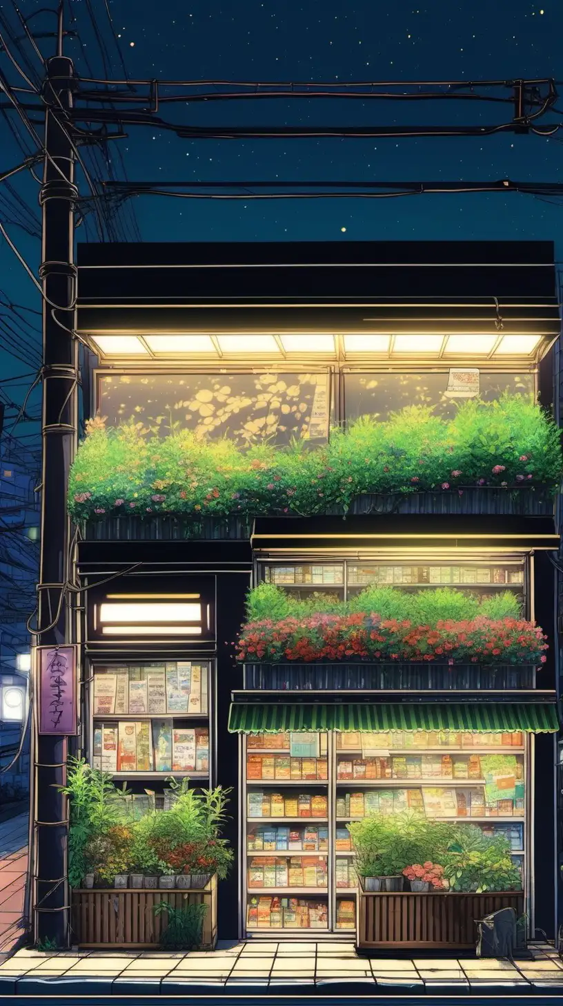 see from front of a small grocery store with a little bit plants and flower situated in Tokyo at night, wire and pole, anime illustration, ghibli studio style, codex_401 style, ultra detailed, anime acrylic painting