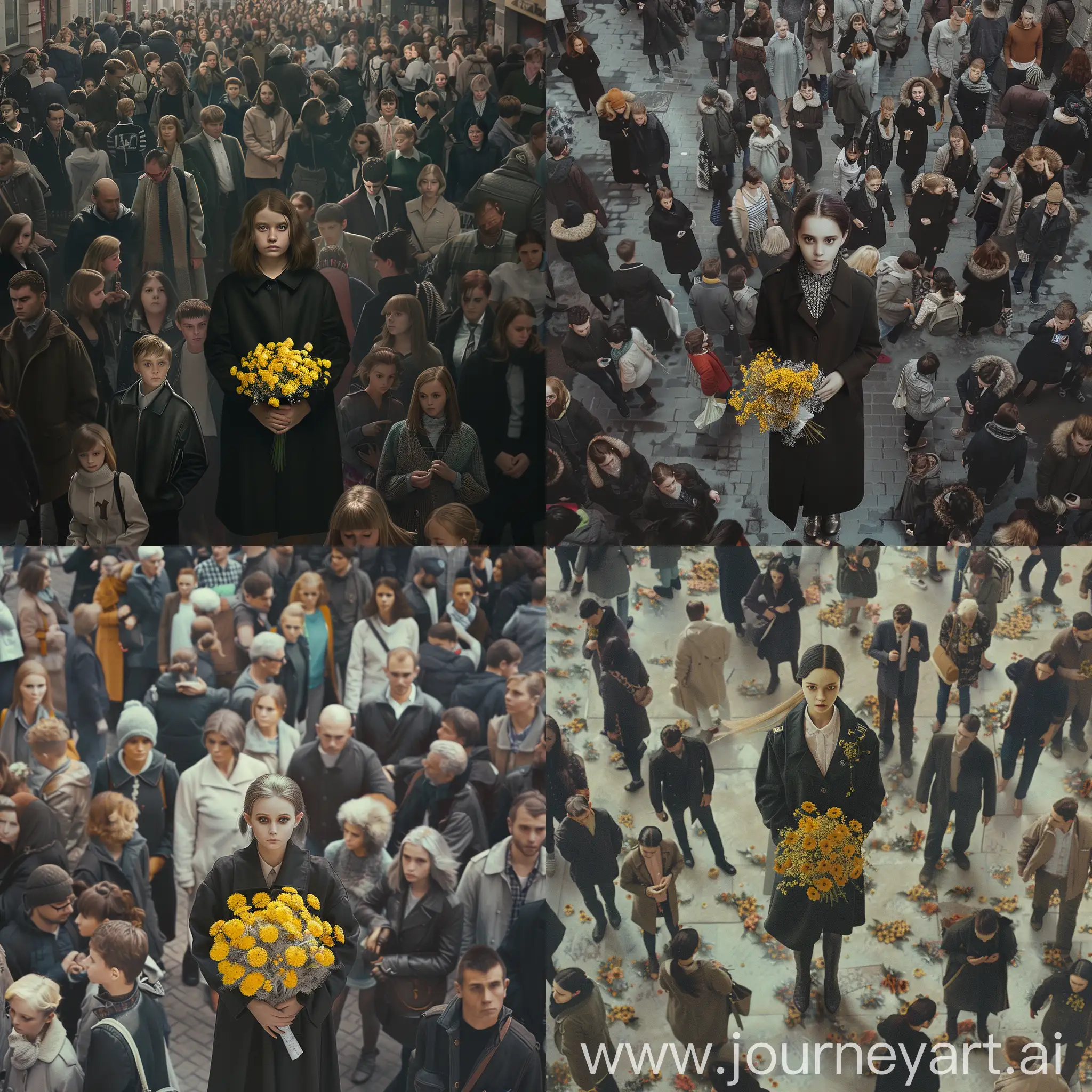 a realistic photo of a girl in the image of Margarita from Bulgakov's novel "The Master and Margarita". The girl is wearing a black coat, her hair is tied back and she is holding a bouquet of yellow flowers. The setting around it is a modern city. She stands among a large number of people going about their business and not noticing her. 3*4 photo format, 35mm lens.