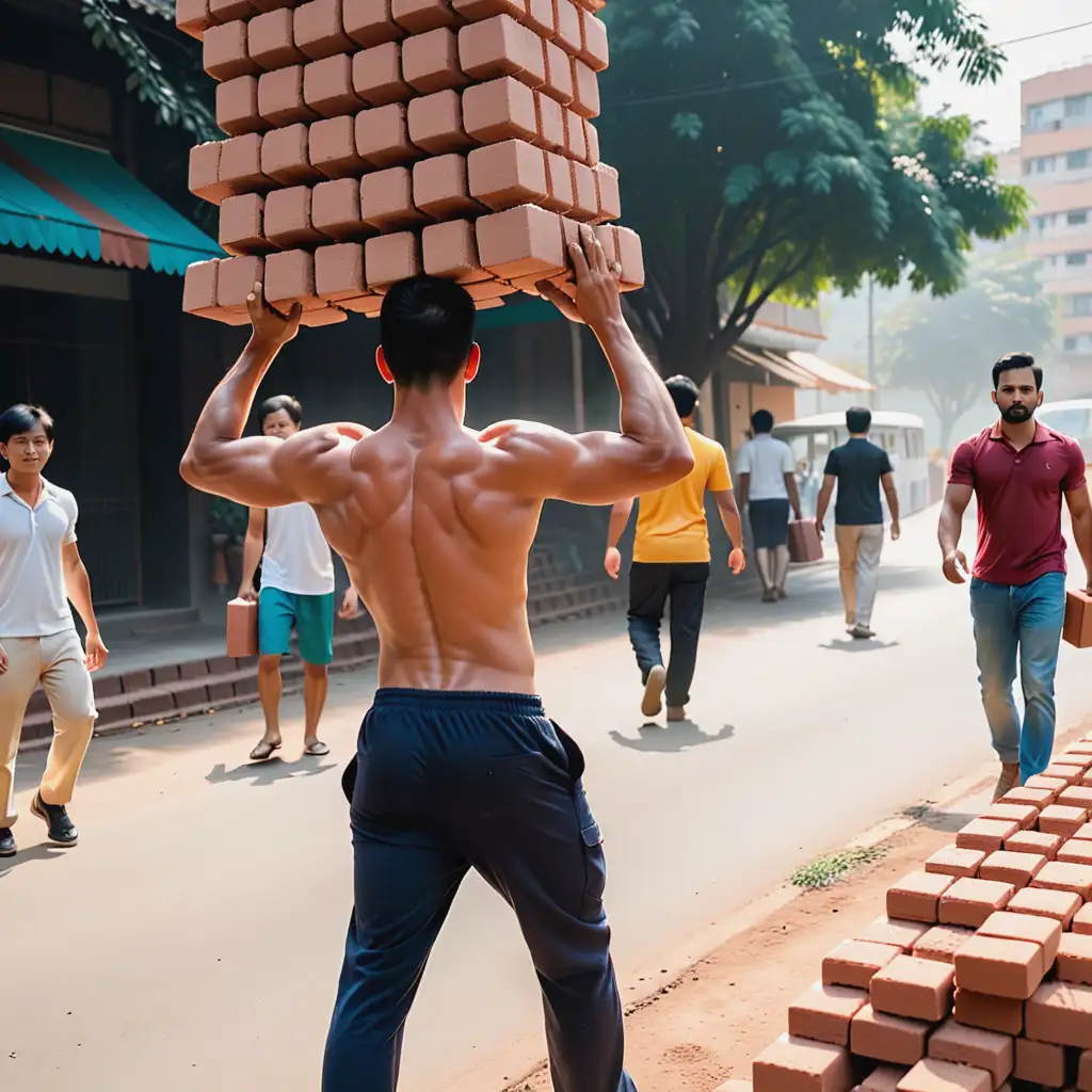 Man Carrying Bricks on His Back Construction Worker Loading More Bricks