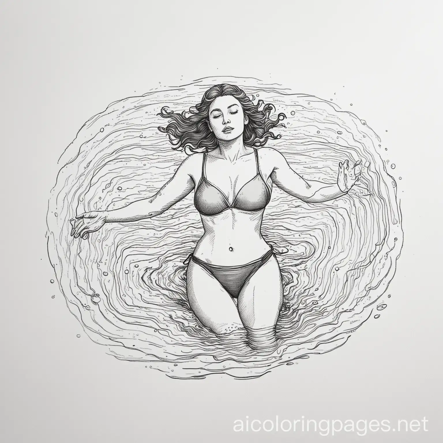 a woman swimming in a body of water, Coloring Page, black and white, line art, white background, Simplicity, Ample White Space. The background of the coloring page is plain white to make it easy for young children to color within the lines. The outlines of all the subjects are easy to distinguish, making it simple for kids to color without too much difficulty
