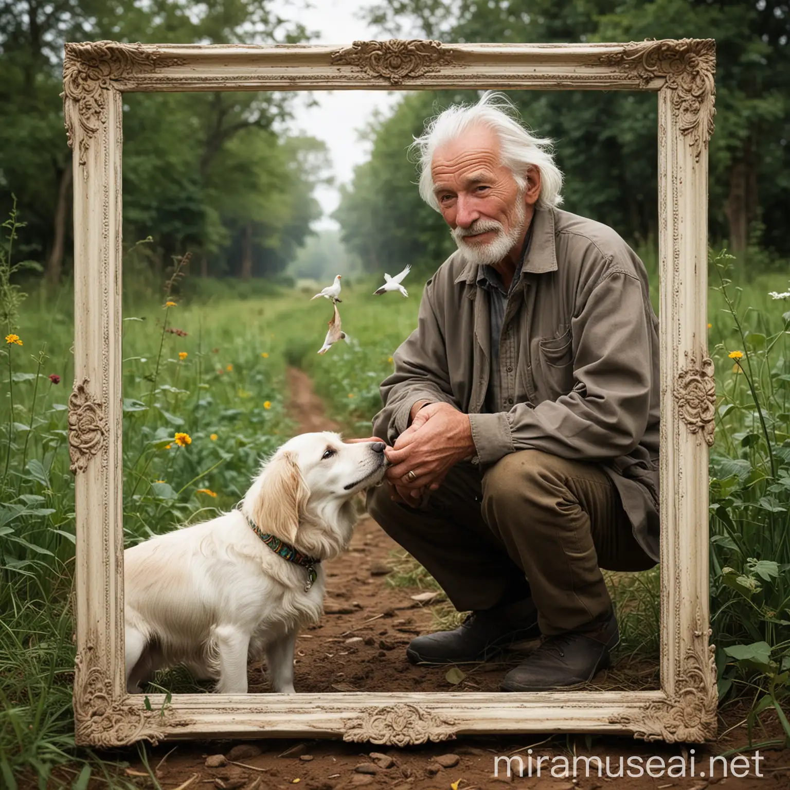 As mentioned, John, an old man lived in a remote village.  She was a passionate animal handler and always gave her time to help dogs and birds.  John had led a spiritual life full of love and hard work for nature and animals.

 In the early morning, John was walking lightly in the field.  He was an old man with white hair and a wrinkled face that showed years of hard work and sincerity.  He wore work clothes and a slouched hat and walked through the field, tending to the land and plants.  The smell of fresh plants and soil was around him.

 Behind John, there was an empty frame.  A big and beautiful frame that was eagerly waiting to put a picture inside it.  Carefully, John glued a picture of a bird in flight to a piece of paper and placed it inside the frame.  The bird had colorful feathers that flew in the sky and showed the freedom and beauty of nature.

 But John was not alone.  In his right hand, he held a faithful dog with a beautiful necklace.  This dog expressed love and intimacy through his eyes, showing the connection between humans and animals.  This dog had bright skin and hopeful eyes, which was a sign of faithful connection between soul and animal.

 When John looked at this beautiful picture, he felt joy and peace.  In the midst of nature, together with dogs and birds, he had found peace and happiness.  This image not only showed John's love and support for animals, but also served as a reminder of the strong and spiritual connection between him and animals.1. Pattern of Colorful Birds and Feathers:
   - Main color for the birds: #FFC300
   - Background color: #FFFFFF

2. Pattern of Tree Leaves and Plants:
   - Main color for the leaves: #007F4F
   - Background color: #F0F0F0

3. Pattern of Beautiful Dog Collars:
   - Main color for the dog collars: #FF69B4
   - Background color: #F8F8FF

4. Pattern of Nature and Farm:
   - Main color for the natural landscapes: #228B22
   - Background color: #FFEFD5