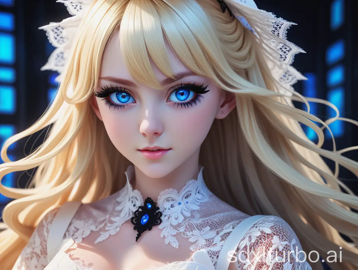 A young lady with blue eyes, long black lashes, long, luscious blonde hair, and a white lace dress. Happy, Artist Junko Mizuno style. anime, cool colors, technical background, high bright, extremely detailed, extremely deep background, final quality render, HDR, extremely detailed font, hight light, 8K, 3d render, photo