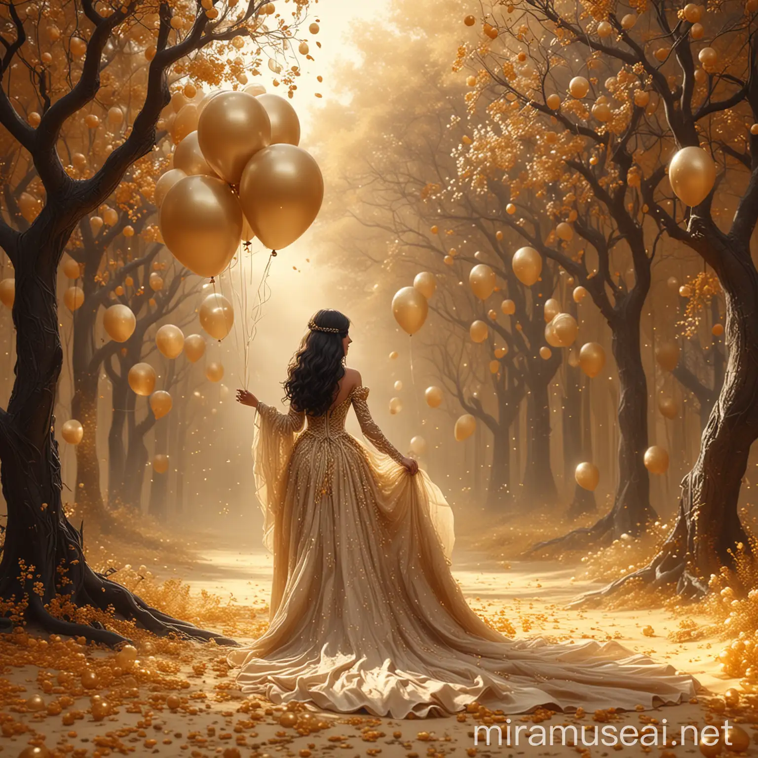 A beautiful woman, with highly detailed dress, from behind, holding ballons, standing up on golden dust. Long black wavy hair. Long elegant beige wedding dress, haute couture. Background floral trees. 8k,fantasy, illustration, digital art, illustration art, fantasy art, fantasy style