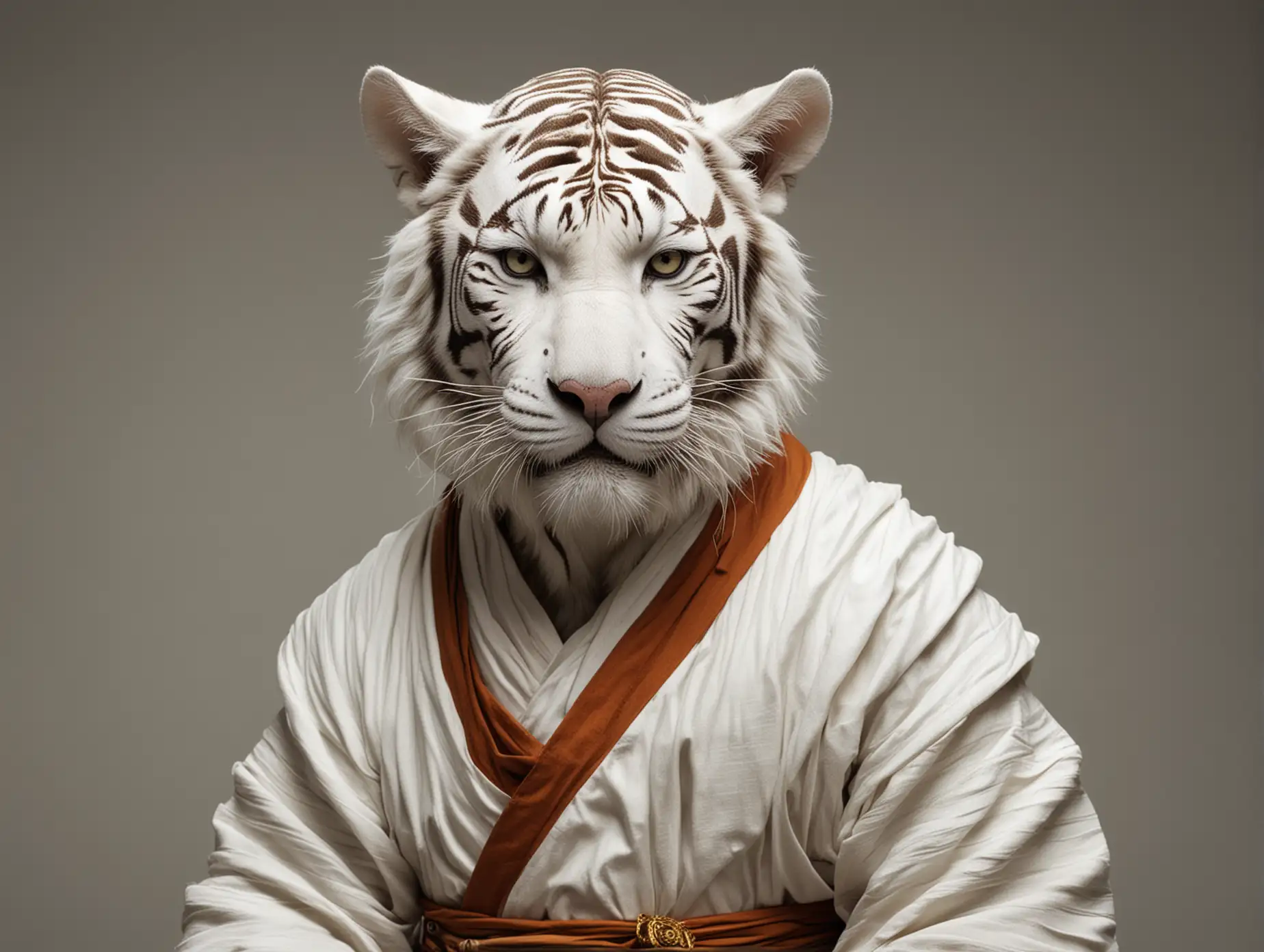 An anthropomorphic white tiger dressed as a monk