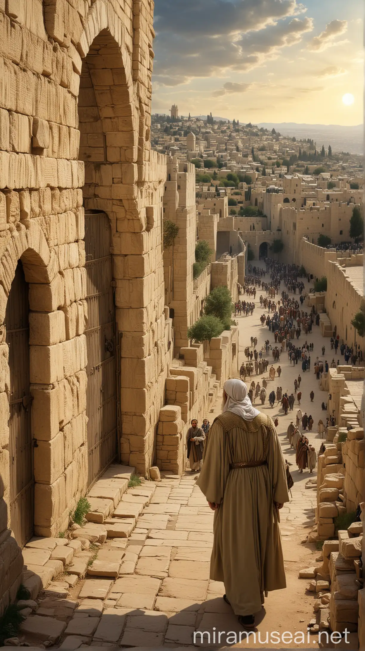 Prophet Jeremiah, dressed in simple robes, approaches the Benjamin Gate. He is stopped by Irijah, who looks suspicious and confrontational. The ancient gate and the city walls of Jerusalem are visible in the background."In ancient world 