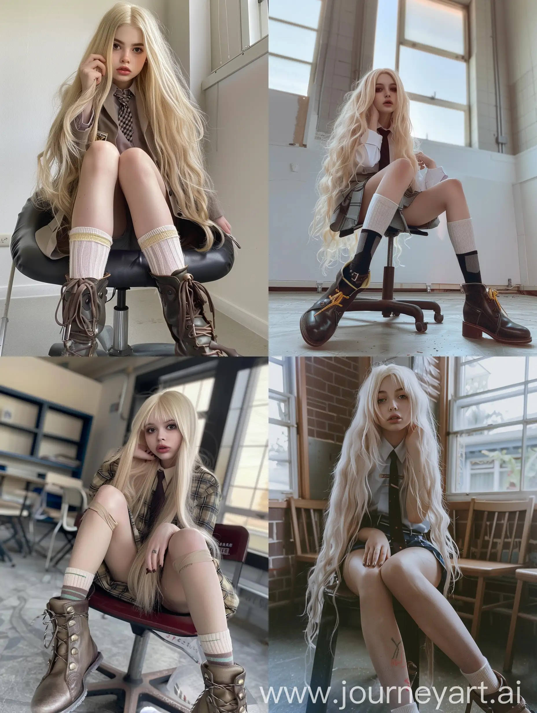 1 girl, long blond hair ,18  years  old ,influencer ,  beauty,  in  the  school  ,  school  uniform  ,  makeup   ,   sitting  on  chair ,     socks  and  boots   , no  effect ,   selfie  ,  iphone  selfie  ,    no  filters   , iphone  photo  ,  natural, fat legs , down view