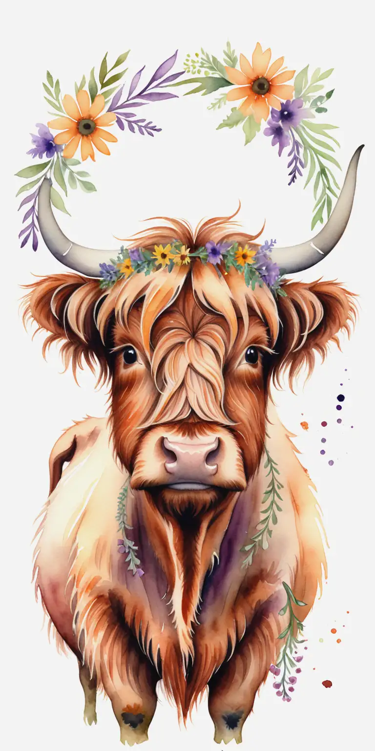 Highland Cow with Floral Wreath Serene Watercolor Painting on White Background