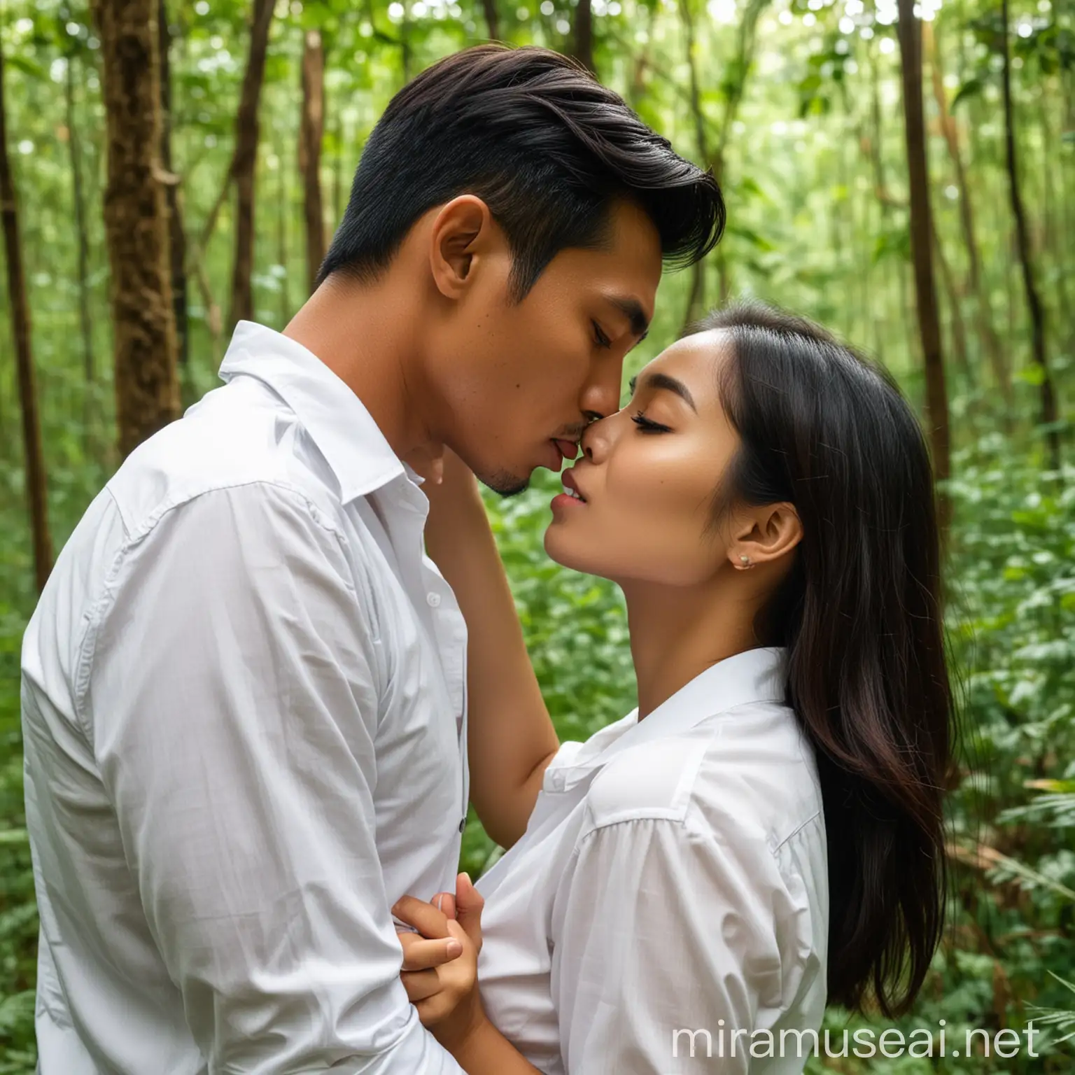 Pasangan pria dan wanita indonesia,tampan dan cantik, terlihat sedang berciuman di hutan.perempuan dengan baju kameja putih,dada terbuka.tangan pria memegang nya.