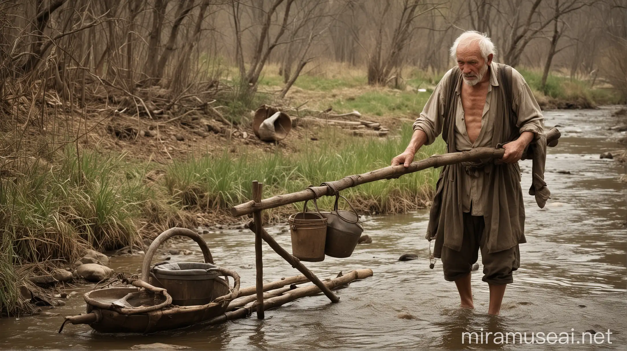 Elderly Man Carrying Water with Two Pots One Strong and One Cracked