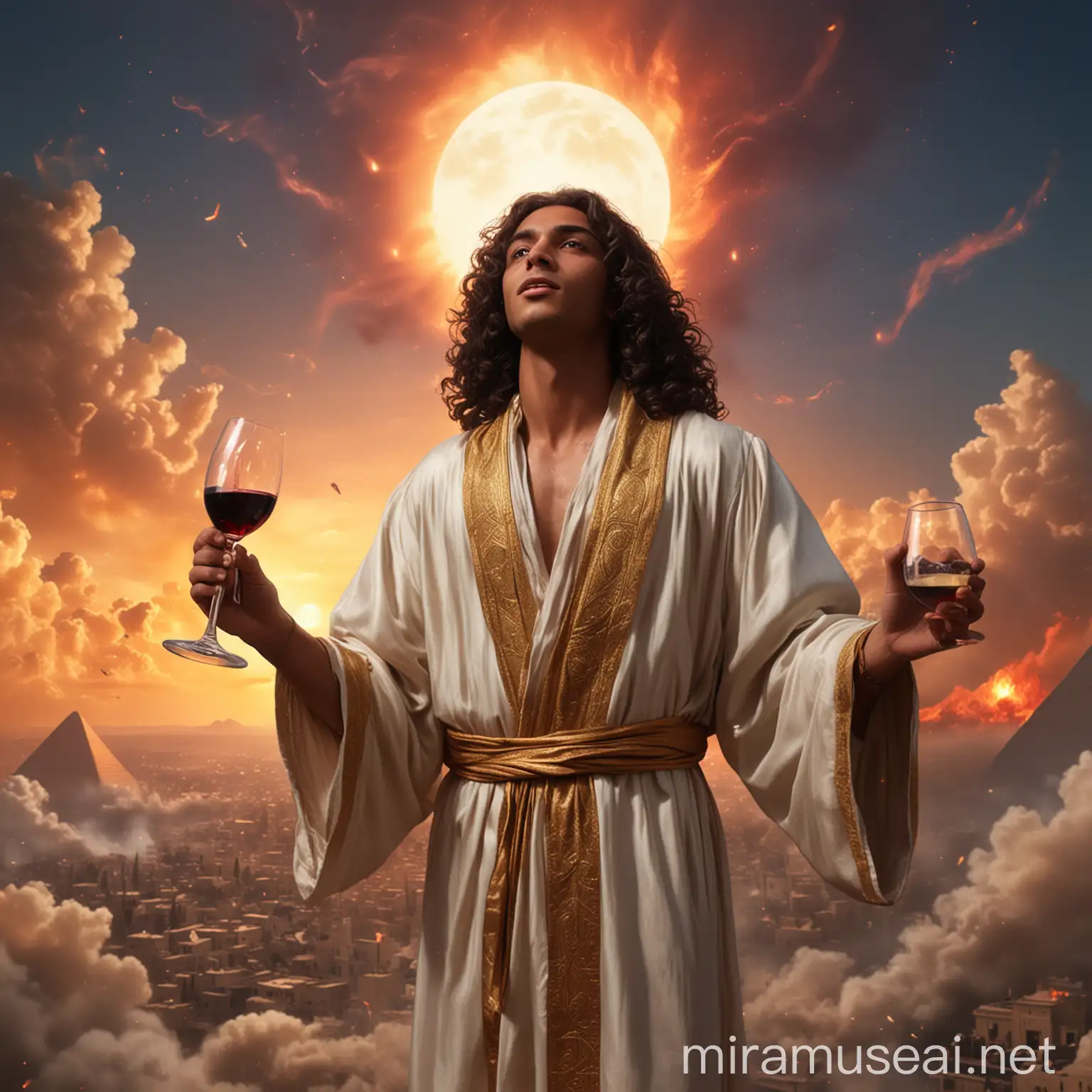 A young Egyptian Pharaoh with long, wavy hair, wearing a silk robe and drinking wine as he floats through the sky and sees the whole world in 2060 burning.