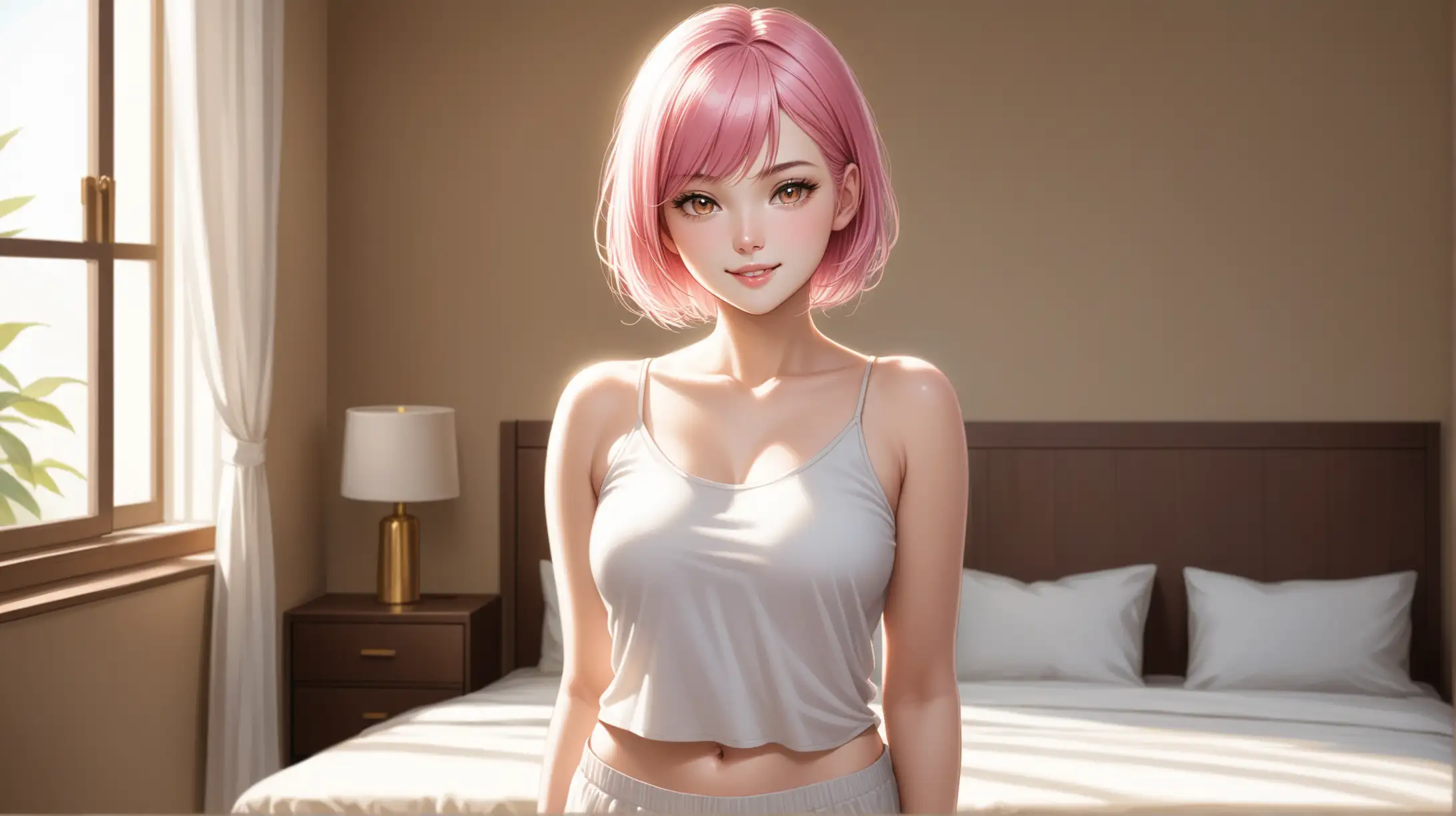 Draw a woman, short pink hair, gold ringed eyes, slender figure, high quality, realistic, accurate, detailed, long shot, indoors, bedroom, natural lighting, casual outfit, seductive pose, smiling toward viewer