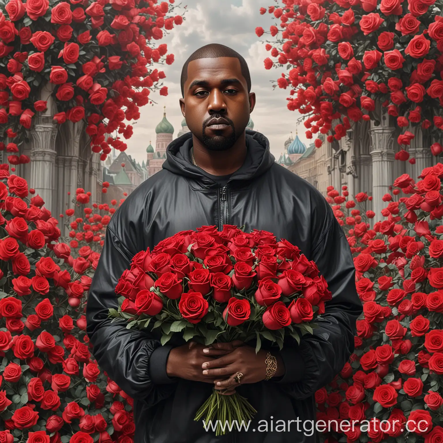 Kanye-West-Holding-Large-Bouquet-of-Roses-in-Moscow