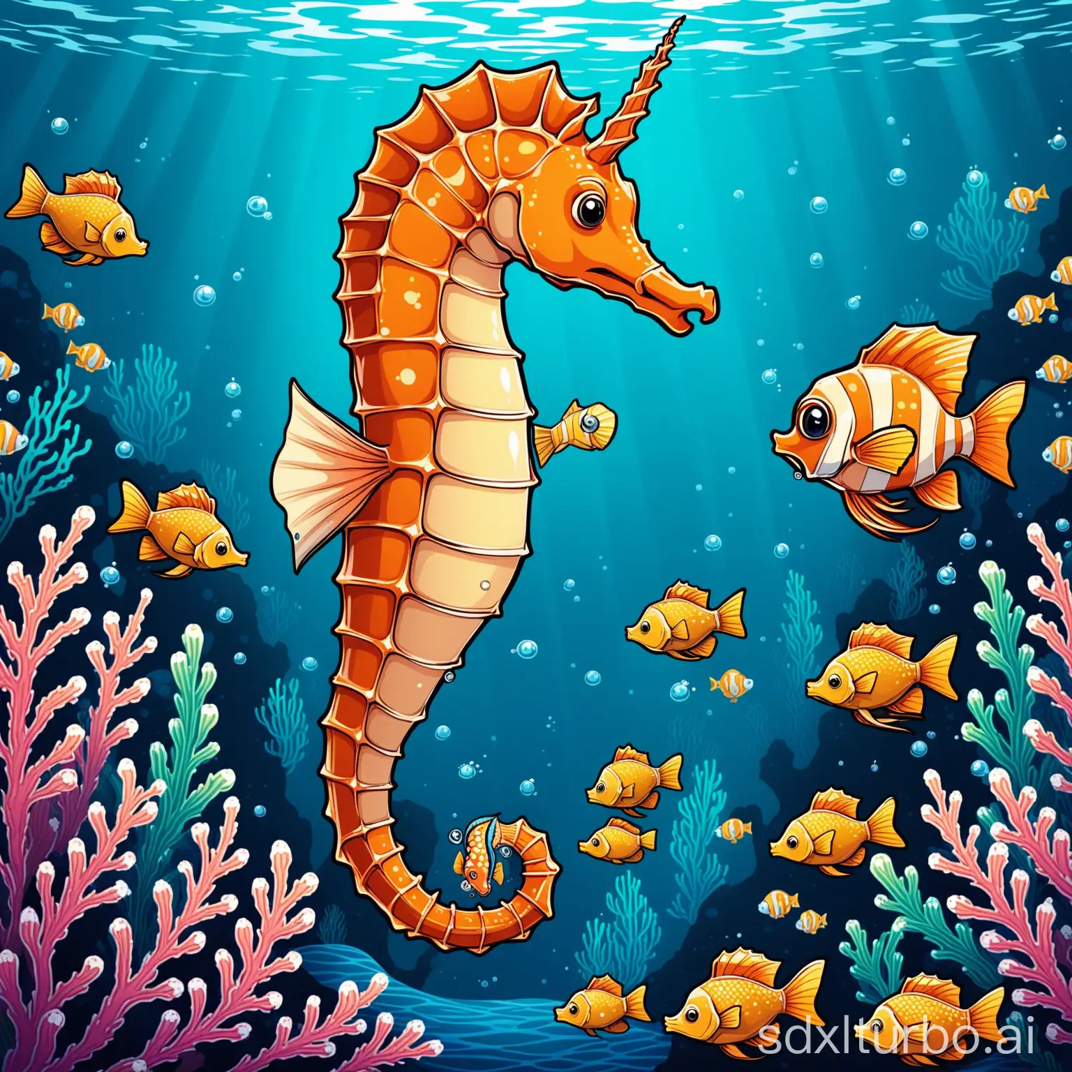 Cartoon-Seahorse-and-Fish-Encounter-in-the-Deep-Sea