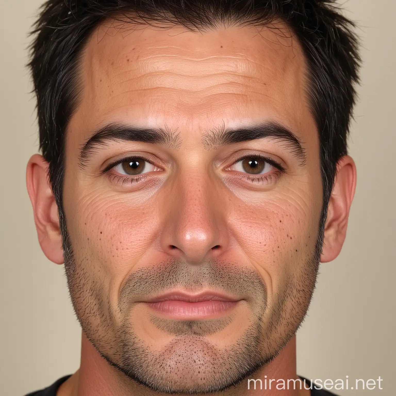 male, 50-ish years old, black short hair with grey lines, receding hairline, marked eyebrows, big size nose, stubble, modest smile, side separation, little chubby face, narrow eyes