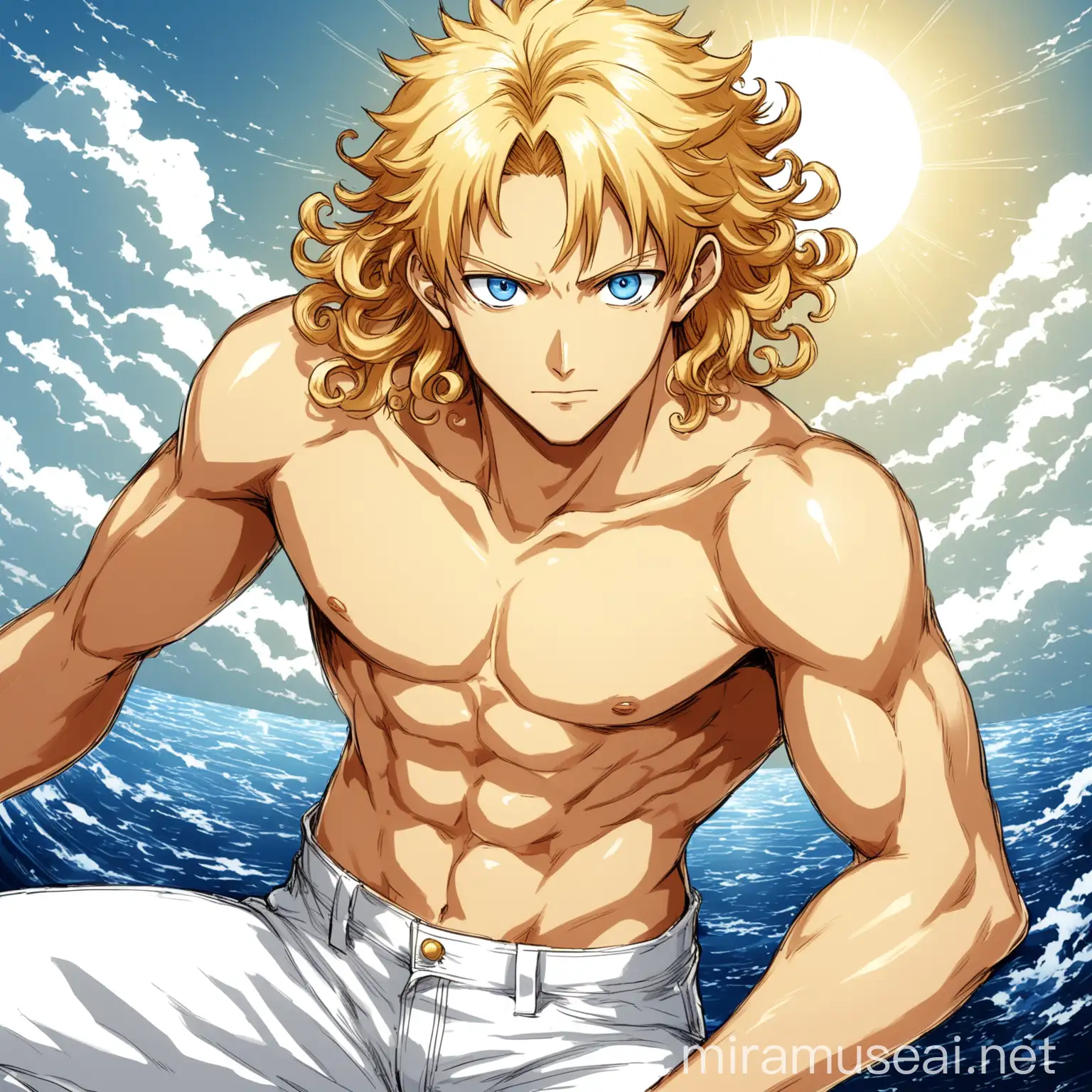 Handsome blonde anime shirtless boy beautiful like the sun, his hairs are curly and attractive, he must be in his twenties, he have blu eyes beautiful and deep like ocean. He have white pants. he a cute bishounen face with masculine traits. Draw in One Piece by Eichiro Oda artstyle. like said he has masculine facial features but which also have the sweetness of feminime. Draw his entire body. maintain correct anatomy of the body and eyes, he is a marine from one piece. Change from usual generated type of face