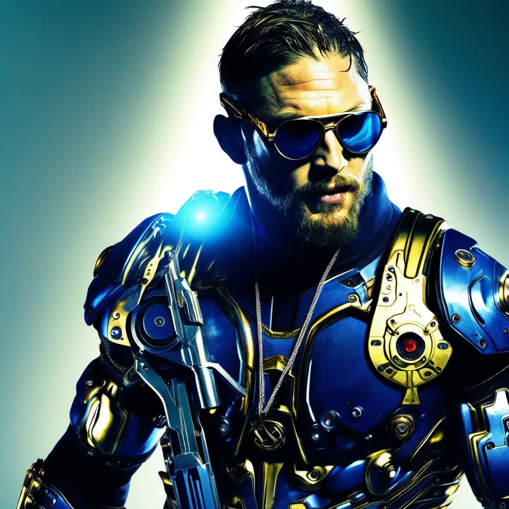 Tom Hardy, is a cyborg, golden prophet, blue light aura, wearing sun glasses.