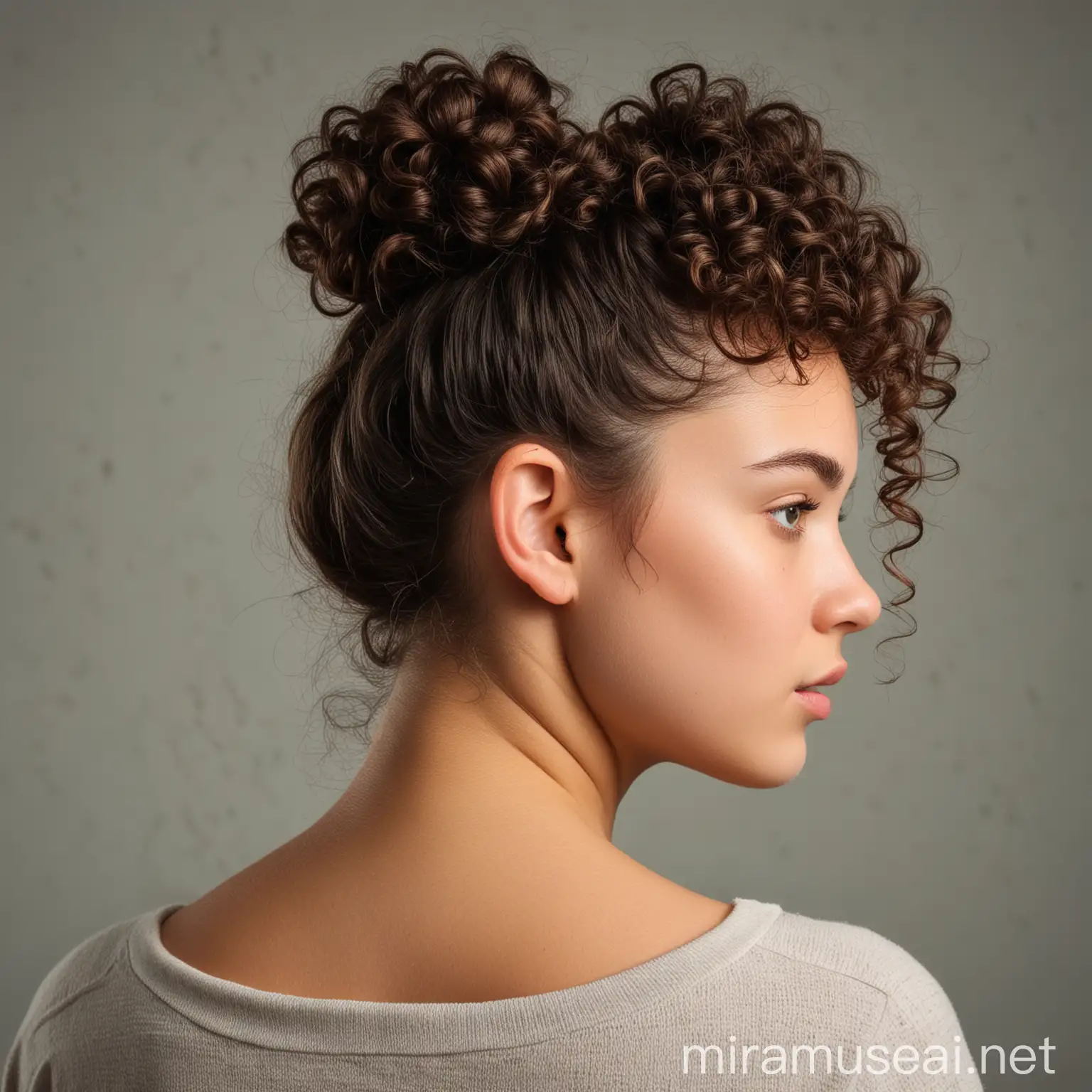 young woman with curly hair in a bun turning her head to the right away from the front