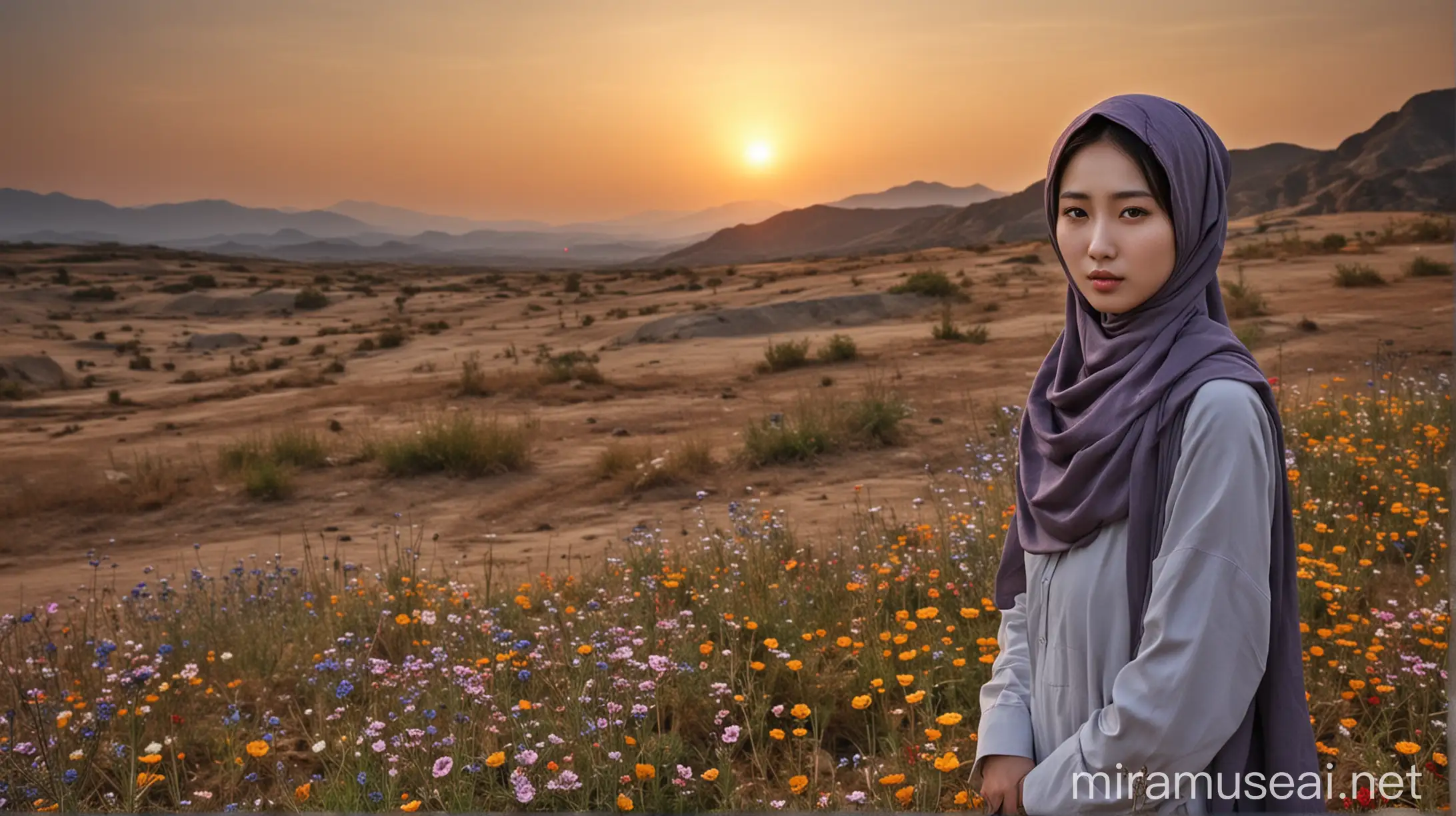 Beautiful Korean Muslim Woman Amidst Wildflowers at Sunset in Barren Deserted Land
