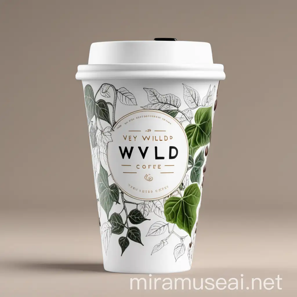 设计一次性的咖啡杯，白色底， 文字是WILD-IVY 野藤咖啡，带有藤蔓的元素