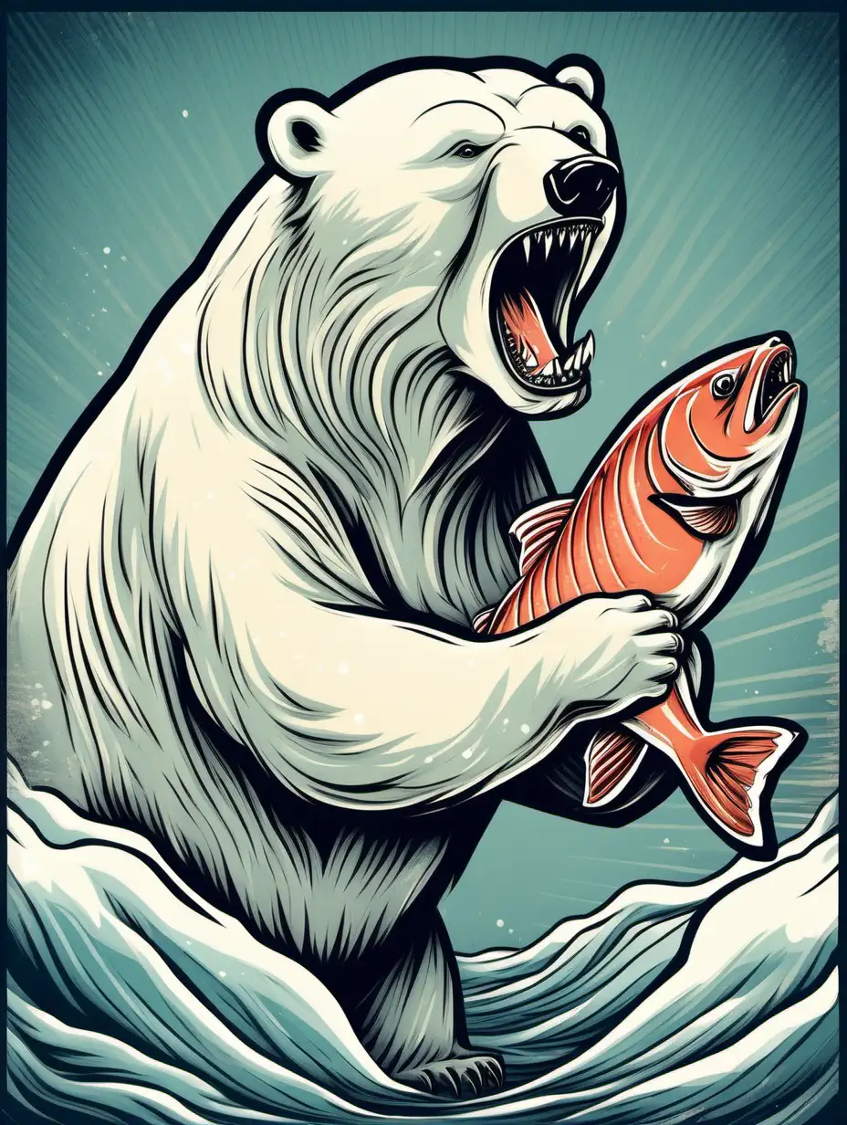 Retro Illustrated Polar Bear Catching Salmon