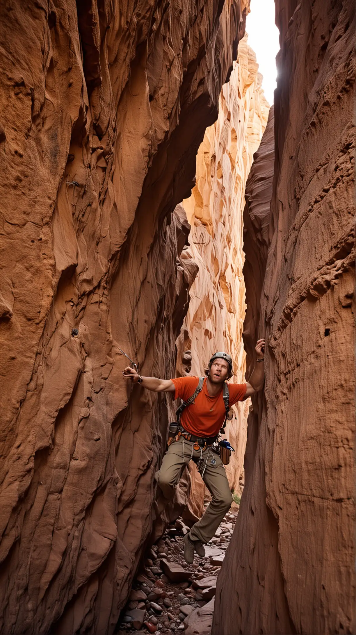 Create a compelling and intense cover image for a video titled "Aron Ralston: The 127-Hour Ordeal". The focus should be on 27-year-old American climber Aron Ralston, captured in a moment of critical decision. He should be depicted with a determined and grim expression, his right arm trapped beneath a massive boulder in the narrow confines of a Utah canyon.

The background should feature the rugged, towering red rock walls of the canyon, casting deep shadows and highlighting the isolation and severity of the situation. Aron’s left hand should clutch a small, blunt pocket knife, symbolizing his desperate and courageous attempt to free himself.

Incorporate elements like a water bottle and scattered climbing gear nearby, indicating his dwindling resources. The title "127 Hours" should be prominently displayed in a bold, rugged font that conveys the gravity of the situation. Add a tagline such as "The Ultimate Test of Survival and Resilience" to intrigue viewers.