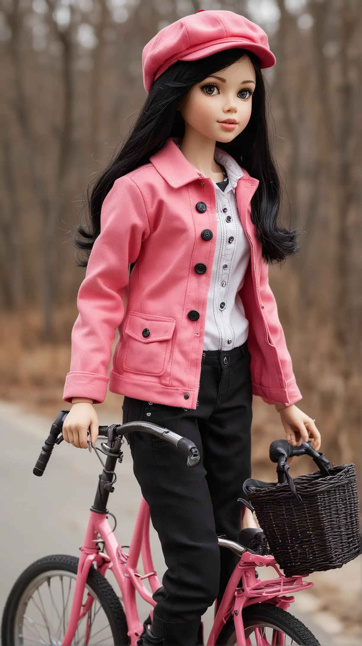 Beautiful female teenage doll, white skin, shoulder length black hair, red hat. Pink jacket, black bag. red pants, black shoes, riding a bicycle