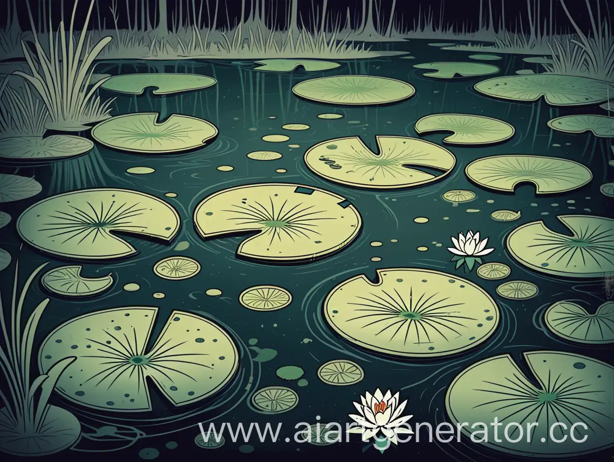 cartoon drawing of a Creepy grungy pond with lily pads floating in it but it looks poisonous 
