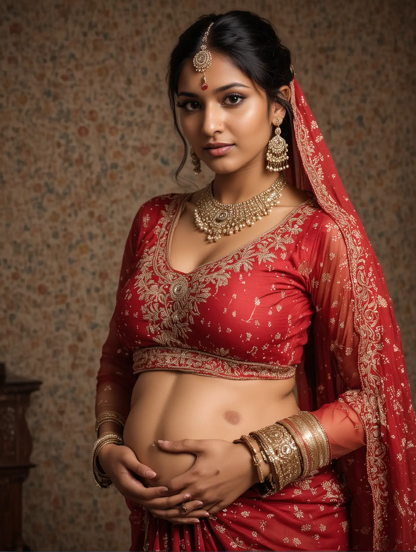 Pregnant Indian Woman in Elegant Attire Radiant Expectations Captured Indoors