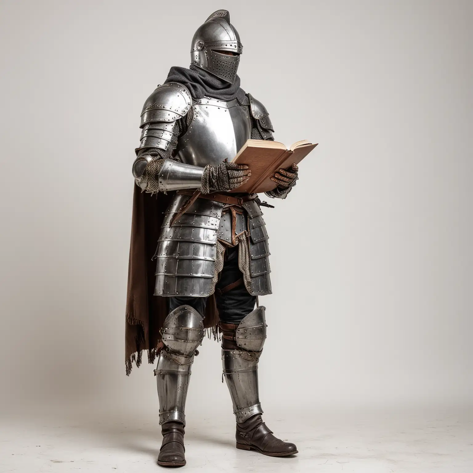 Standing full body view, knight in full armor reading book, boots, white background