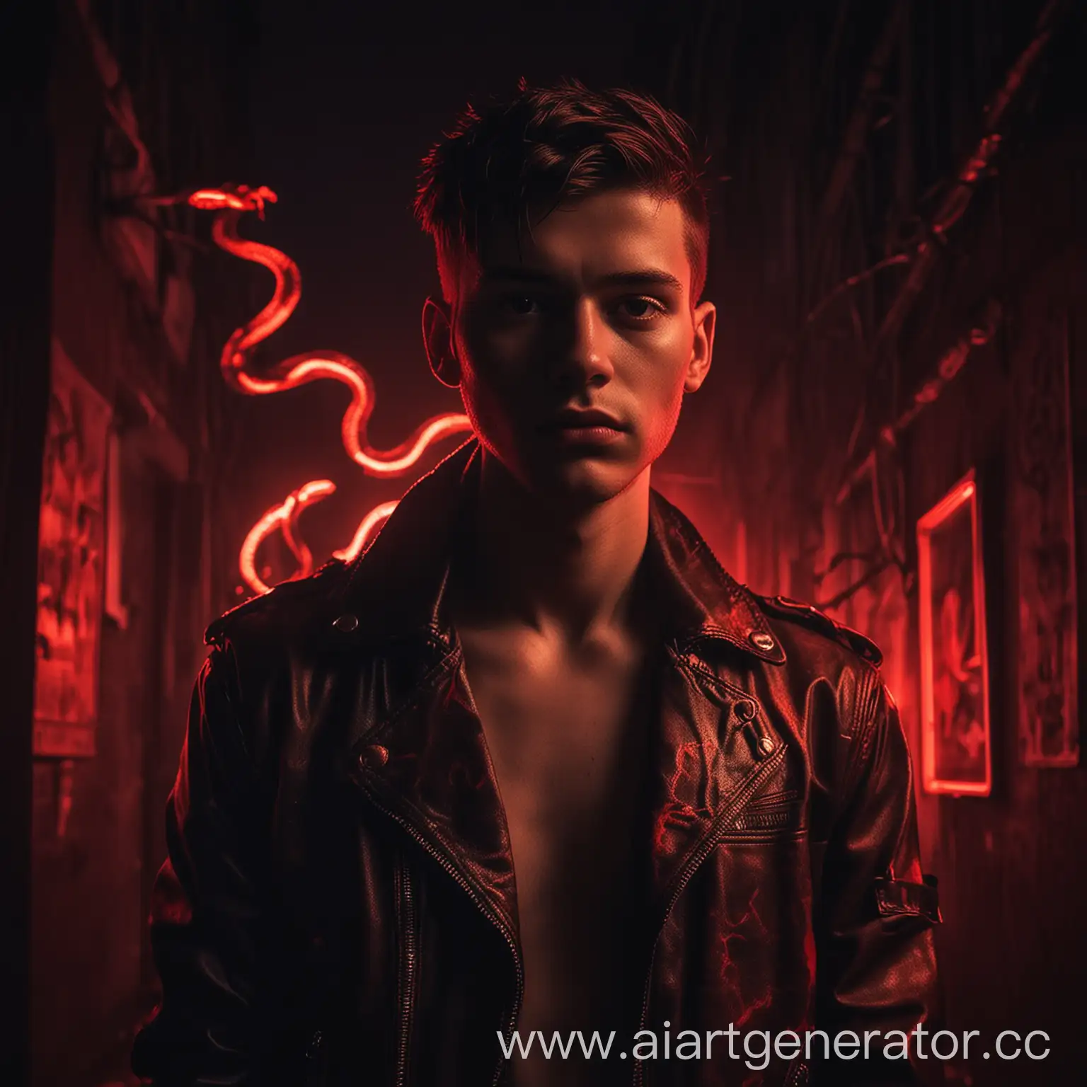 Mystical-Young-Man-with-Snakes-in-Neonlit-Darkness