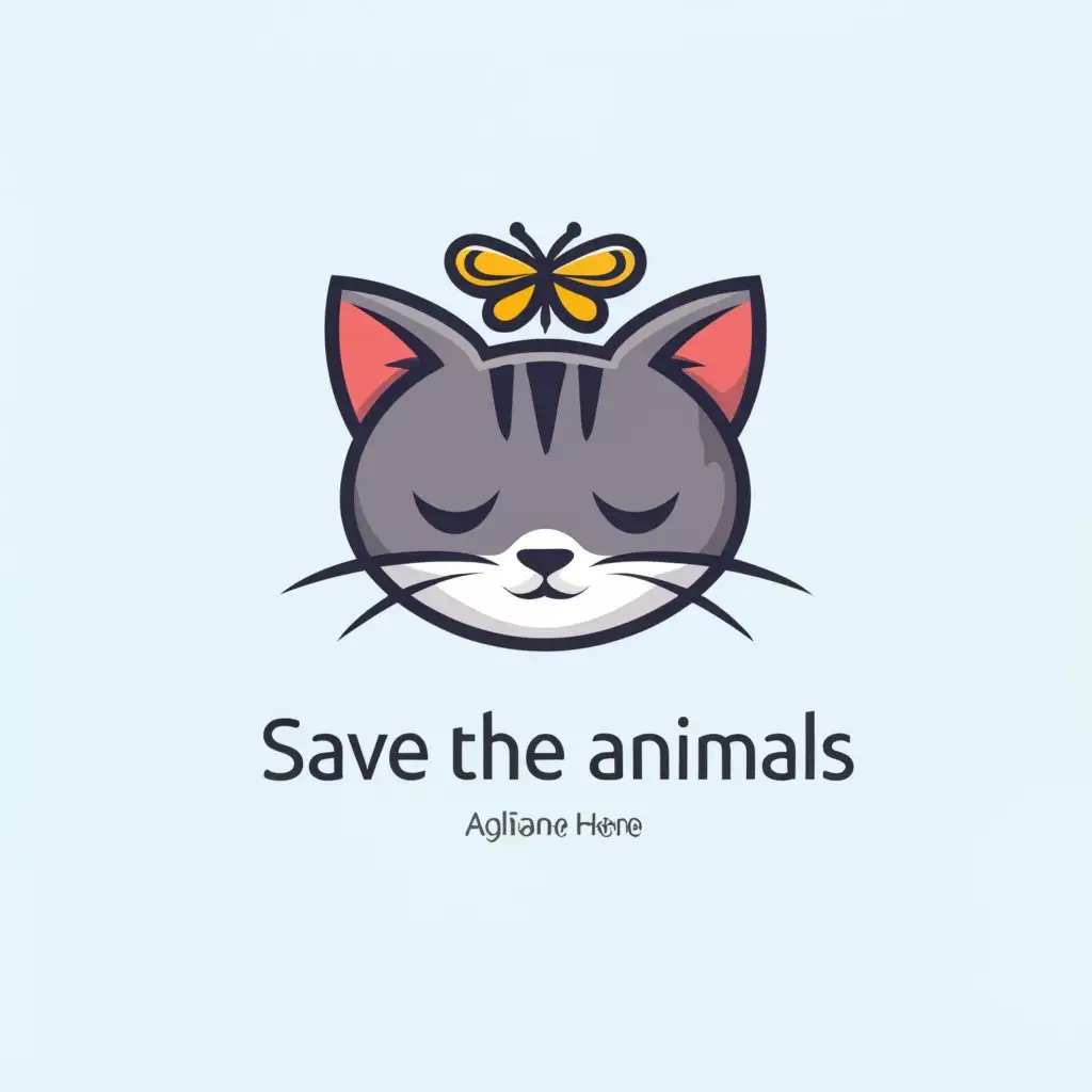 a logo design,with the text "Save the animals", main symbol:cat with a butterfly on its nose,Moderate,be used in Animals Pets industry,clear background