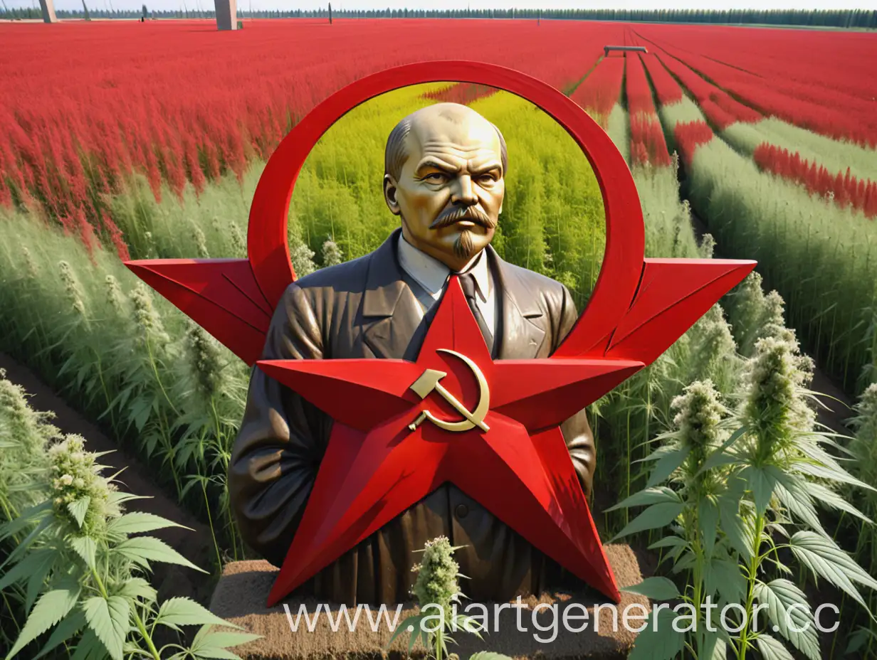 Ленин в свитшоте,на фоне поле конопли и соцветий конопли, на свитшоте изображен серп и молот красного цвета.