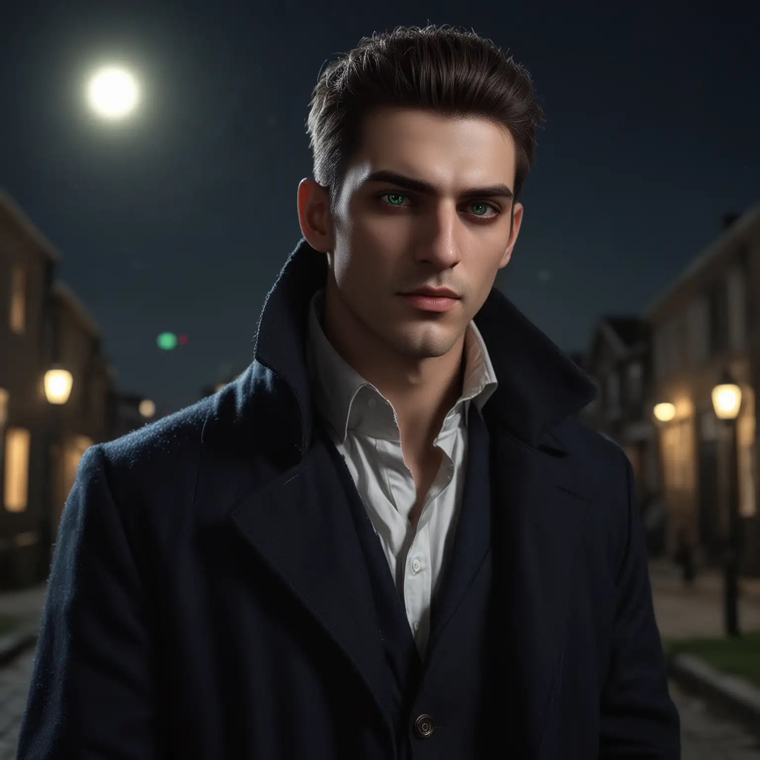 A white male Banu Haqim vampire, normal build, undercut hair, stubble, wearing a dark blue wool coat, full body shot, casual clothing, glowing green eyes, outside in the night, realistic