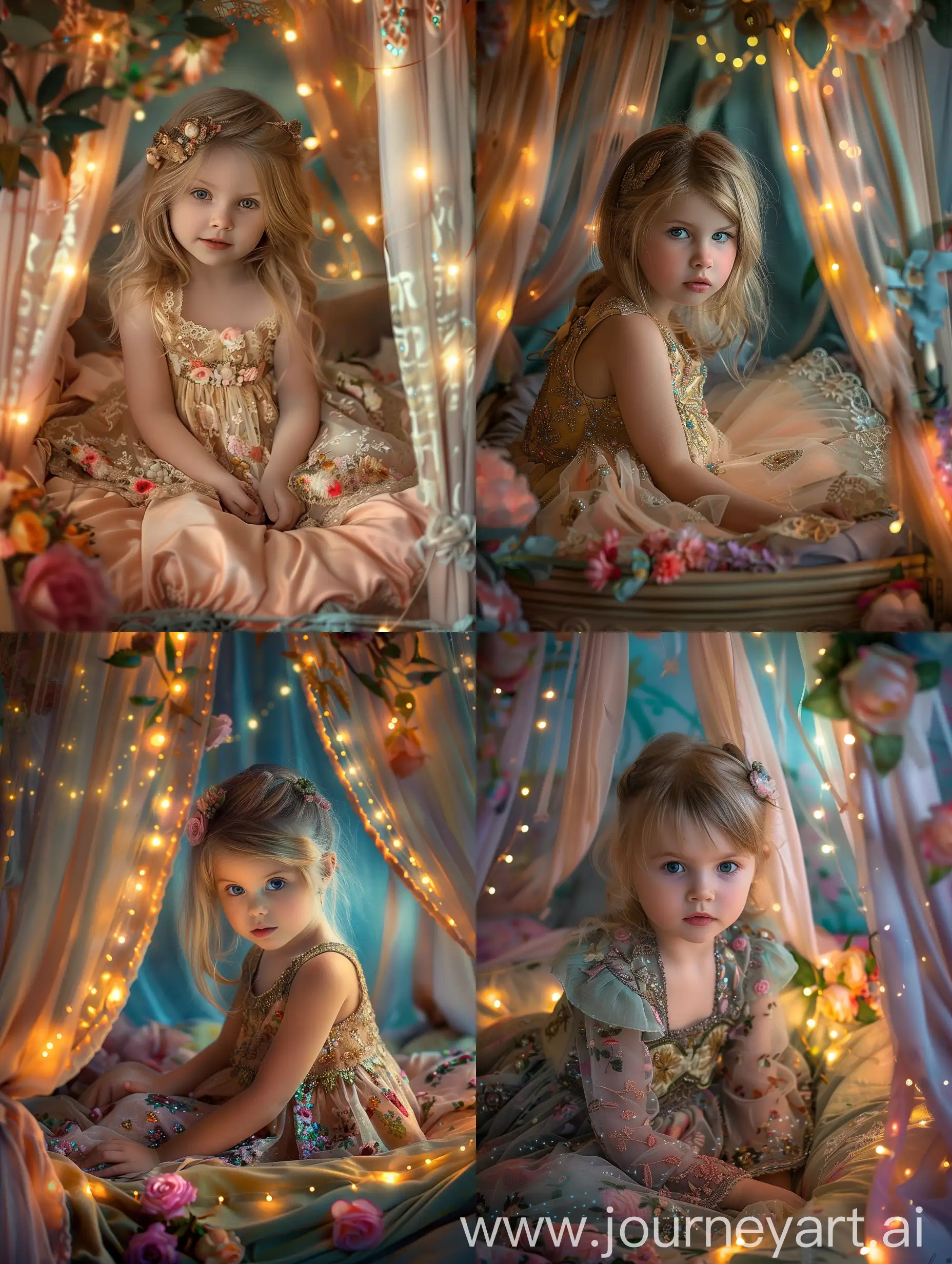 Little girl with blonde hair in a beautiful dress sitting on a canopy bed, canopy glows with lights, flowers on the bed, close-up, realistic photo, hyperrealism, face clearly visible, looking at the camera, colors of the bed, close-up photo, light photo