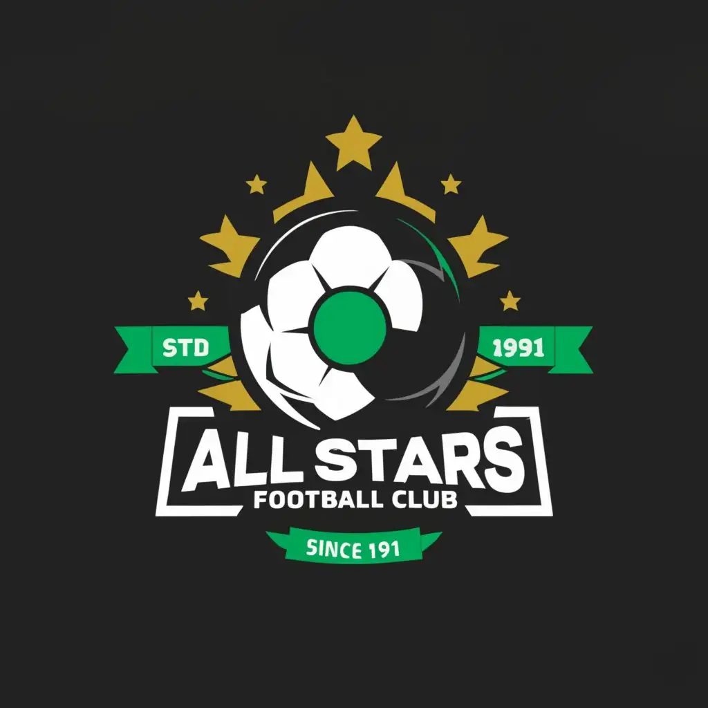a logo design,with the text "CompanyName: All Stars Football Club Company Description: Football Club Company Slogan: Since 1991 Company Colors: Green and Black", main symbol:CompanyName: All Stars Football Club
Company Description: Football Club
Company Slogan: Since 1991
Company Colors: Green and Black,Moderate,be used in Sports Fitness industry,clear background
