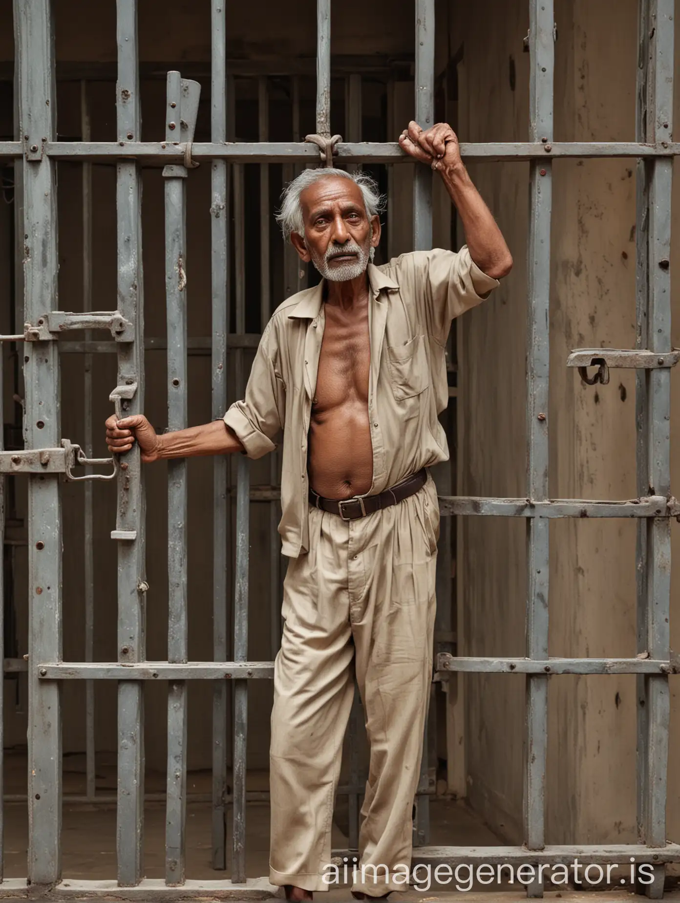 a standing still image of a tired indian old man hanging on jail