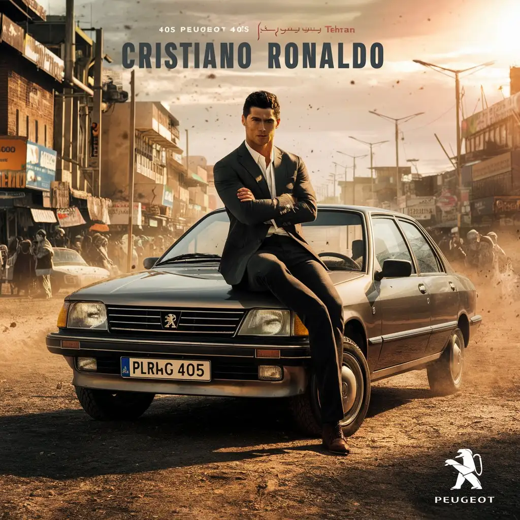 Cristiano Ronaldo in a vintage Peugeot 405 in Tehran, depicted in a retro 1980s style, dusty streets, nostalgic color tones, bustling urban backdrop, intense gaze, dynamic pose --s 100