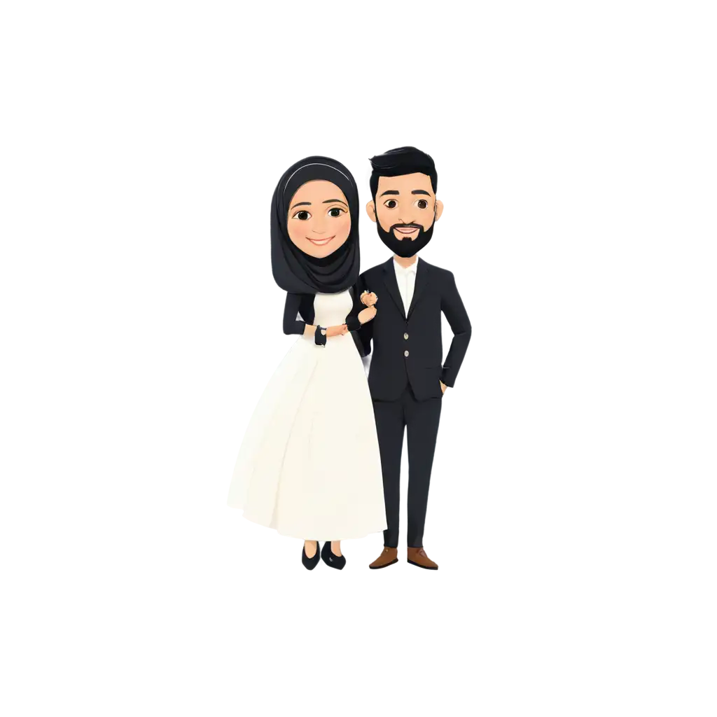 Engagement caricature bride and groom of Muslim wedding