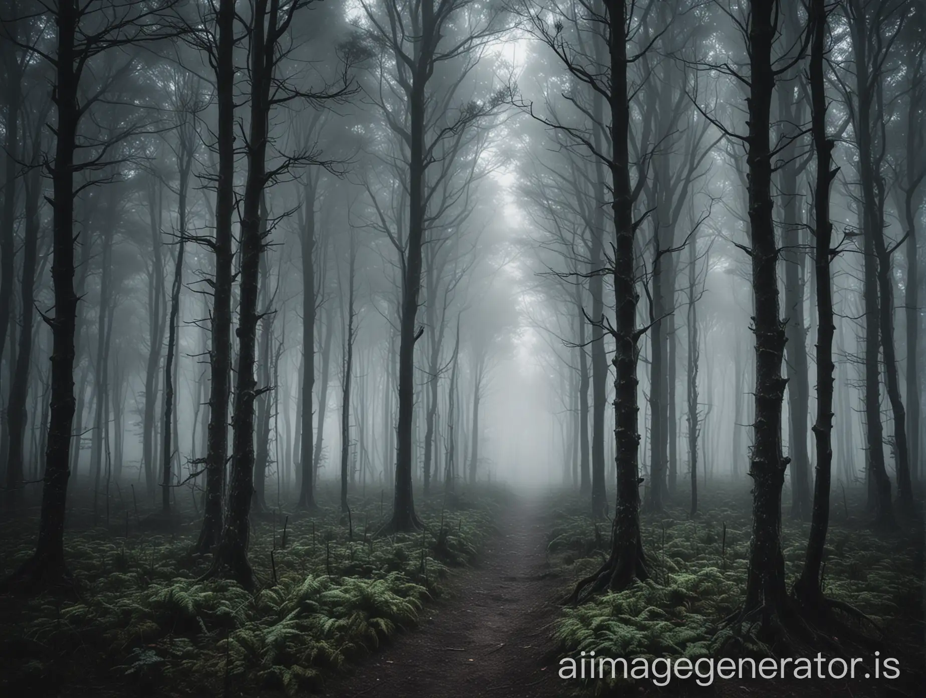 Bosque oscuro con una niebla 