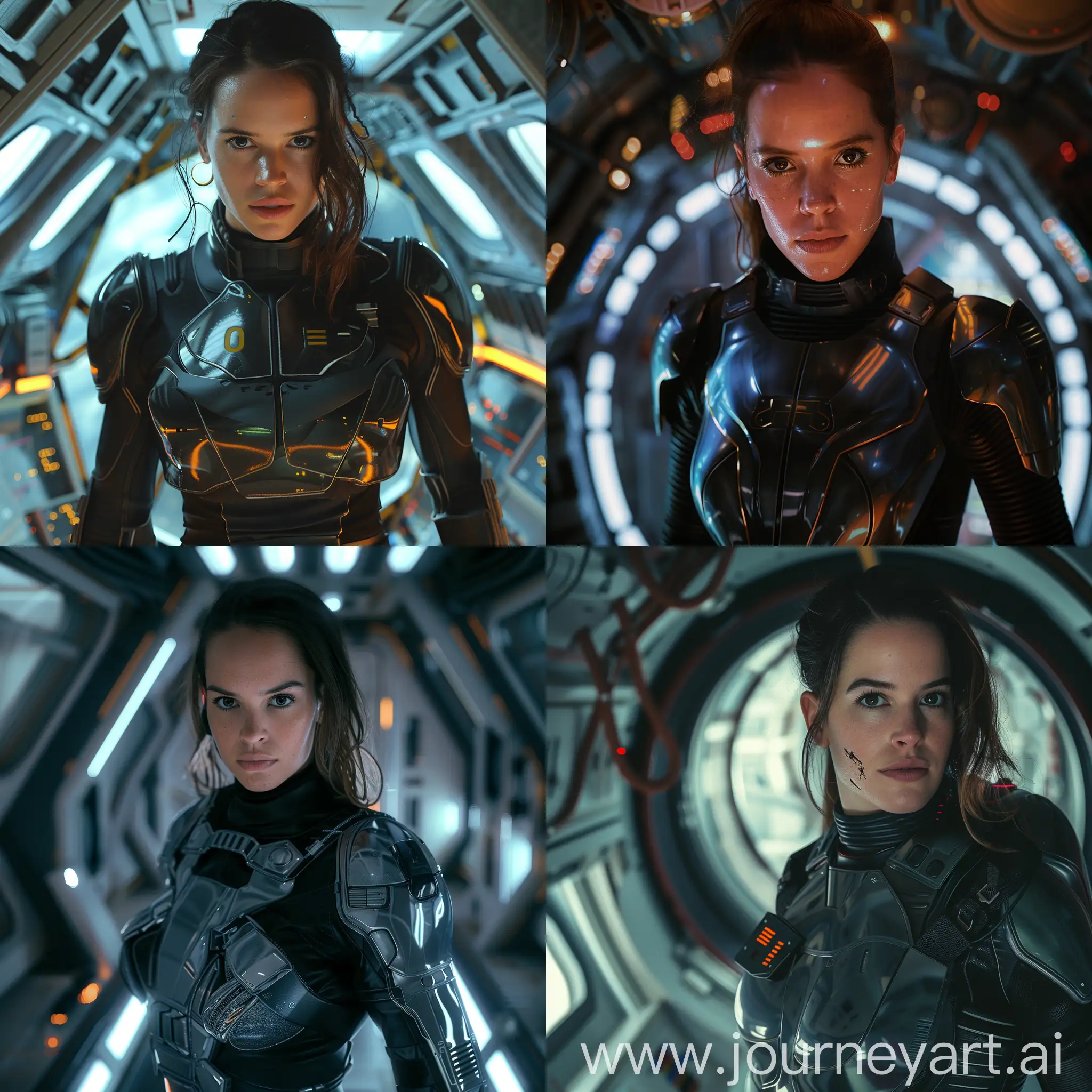 a Beautiful Woman in cyber suit with Daisy Ridley face, looking at the camera, in Spaceship, 8k resolution