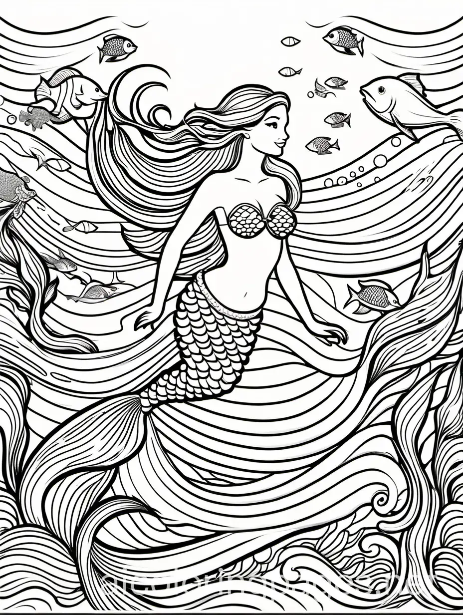 Mermaid under the sea, Coloring Page, black and white, line art, white background, Simplicity, Ample White Space. The background of the coloring page is plain white to make it easy for young children to color within the lines. The outlines of all the subjects are easy to distinguish, making it simple for kids to color without too much difficulty