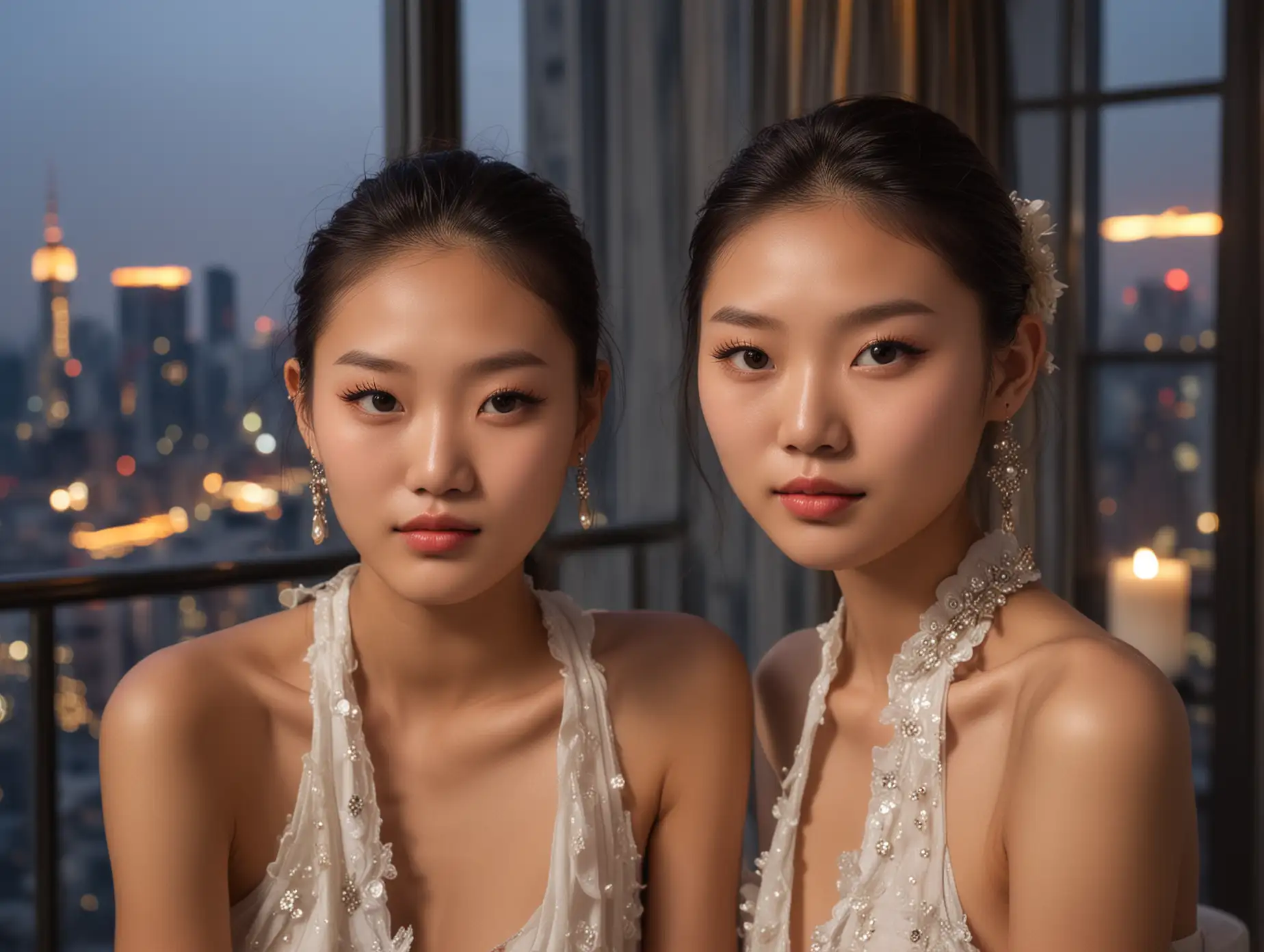 Close up faces of two angelic slender Chinese fashion models with sweet kind soulful eyes at a formal party in a luxury highrise penthouse at dusk