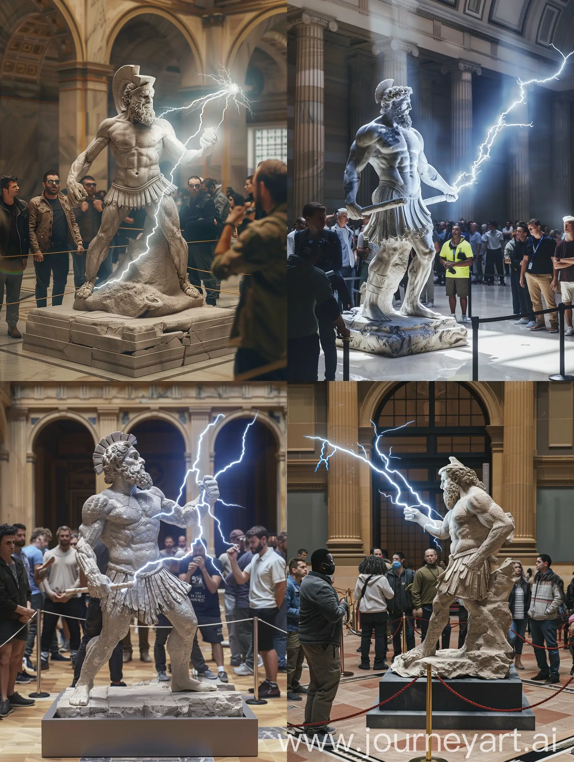 In the museum's grand hall, amidst a scene frozen in time, Zeus appears in a dynamic fighting stance, his stone form poised for battle. The sculpture captures the essence of ancient Greek mythology, with Zeus wielding a thunderbolt in his hand, crackling with real electric energy. The fusion of classical artistry and modern technology is evident, as the sculpture's stone surface contrasts sharply with the pulsating energy of the thunderbolt.

Spectators surround the sculpture, held back by a cordoned-off area and watched over by vigilant security guards. Their faces are a mix of awe and trepidation as they witness the monumental artwork before them, recognizing it as one of the most important pieces in history.

As the camera pans around the scene, capturing the intensity of the moment, the juxtaposition of ancient and modern becomes even more pronounced. The classical beauty of Zeus's form clashes with the raw power of the thunderbolt, creating a visual spectacle that transcends time and space. This iconic image captures the essence of Greek mythology while showcasing the possibilities of blending ancient art with contemporary technology.