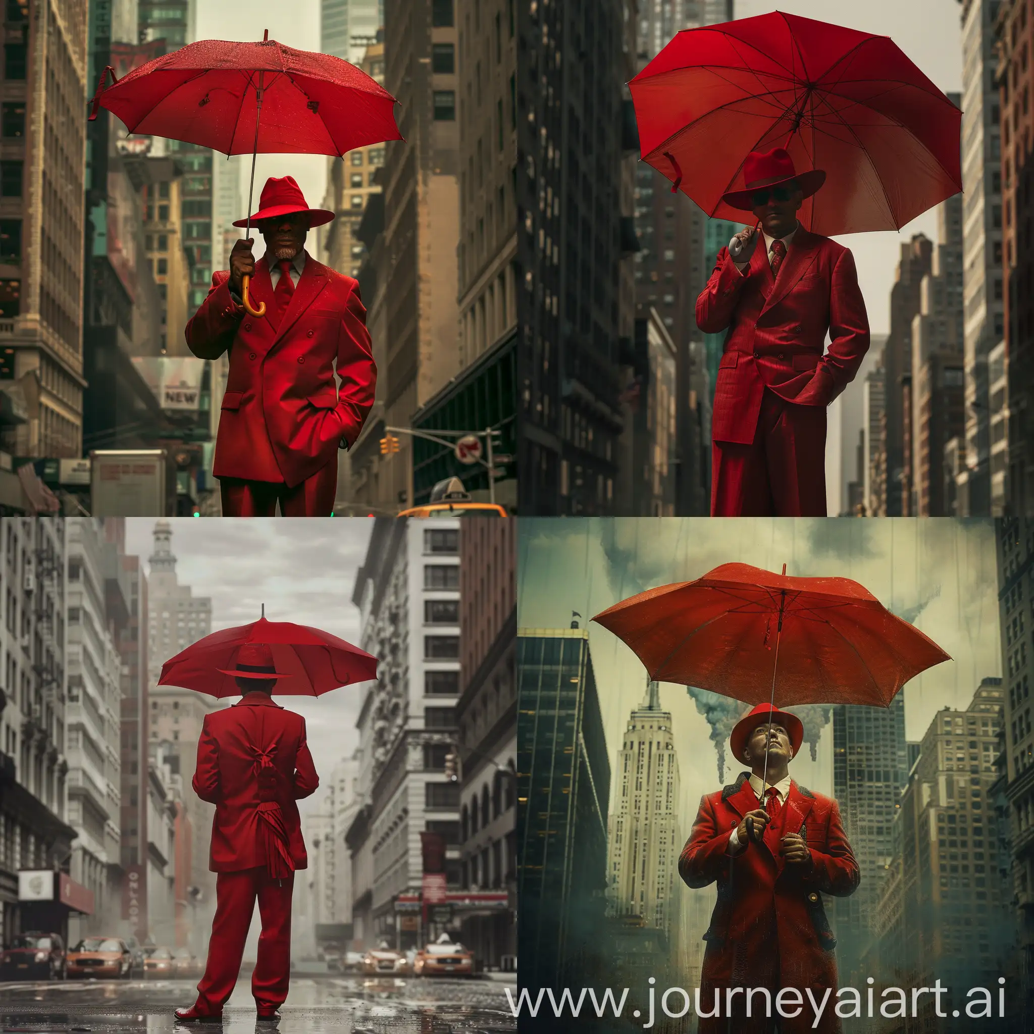 Путешественик во времени в красном костюме красной шляпе, стоит в нью ерке по среди улицы держа в руках зонт закрытый вниз