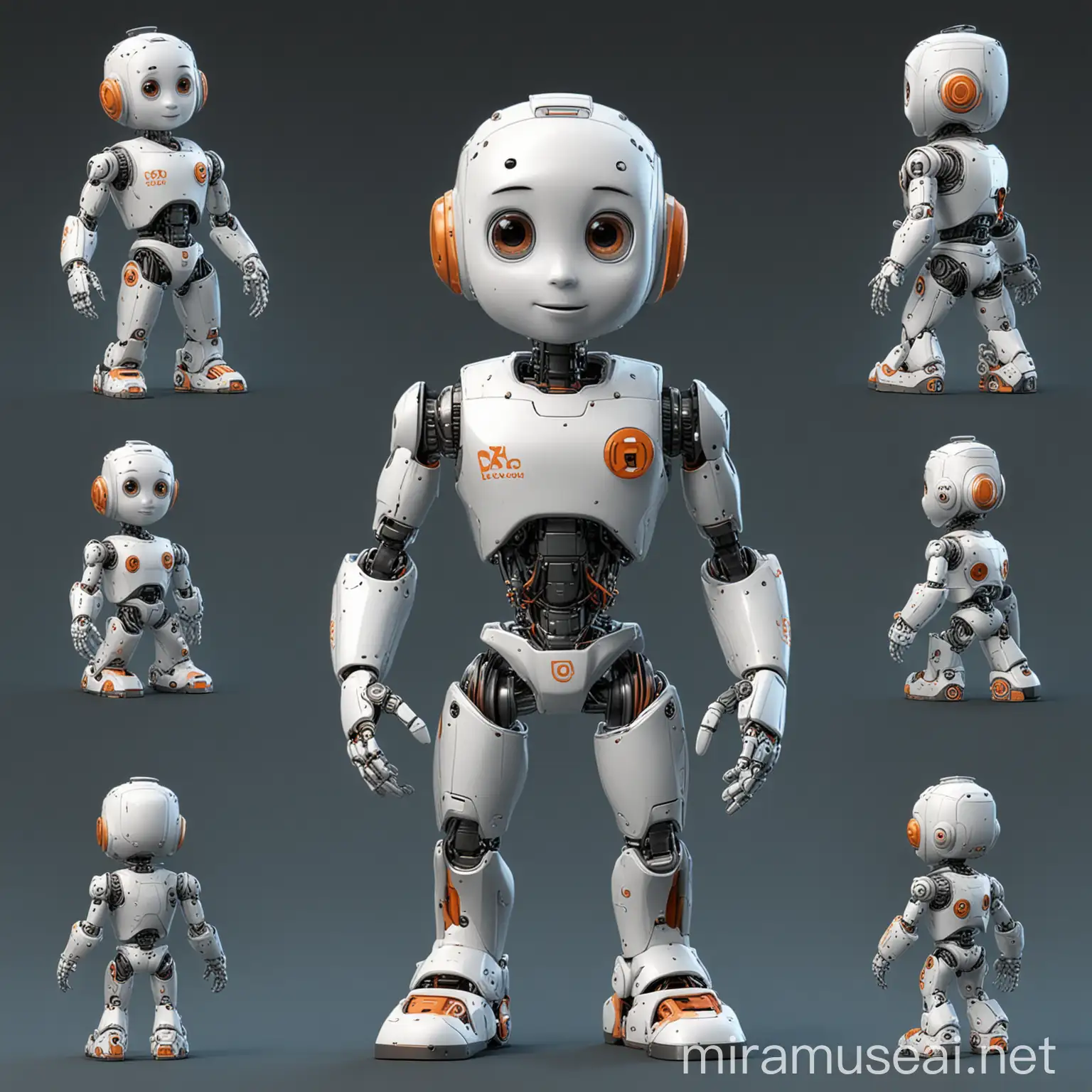 Koddi the little cute AI robot man who teach programming, 3d pixar style, multiple poses and expressions, character sheet --ar 19:9