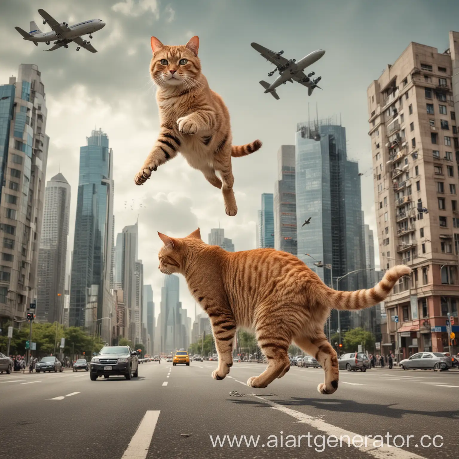 Giant-Cats-Tower-Over-Cityscape-Cat-Observing-Cyclist-Another-Playfully-Swiping-at-Airplane