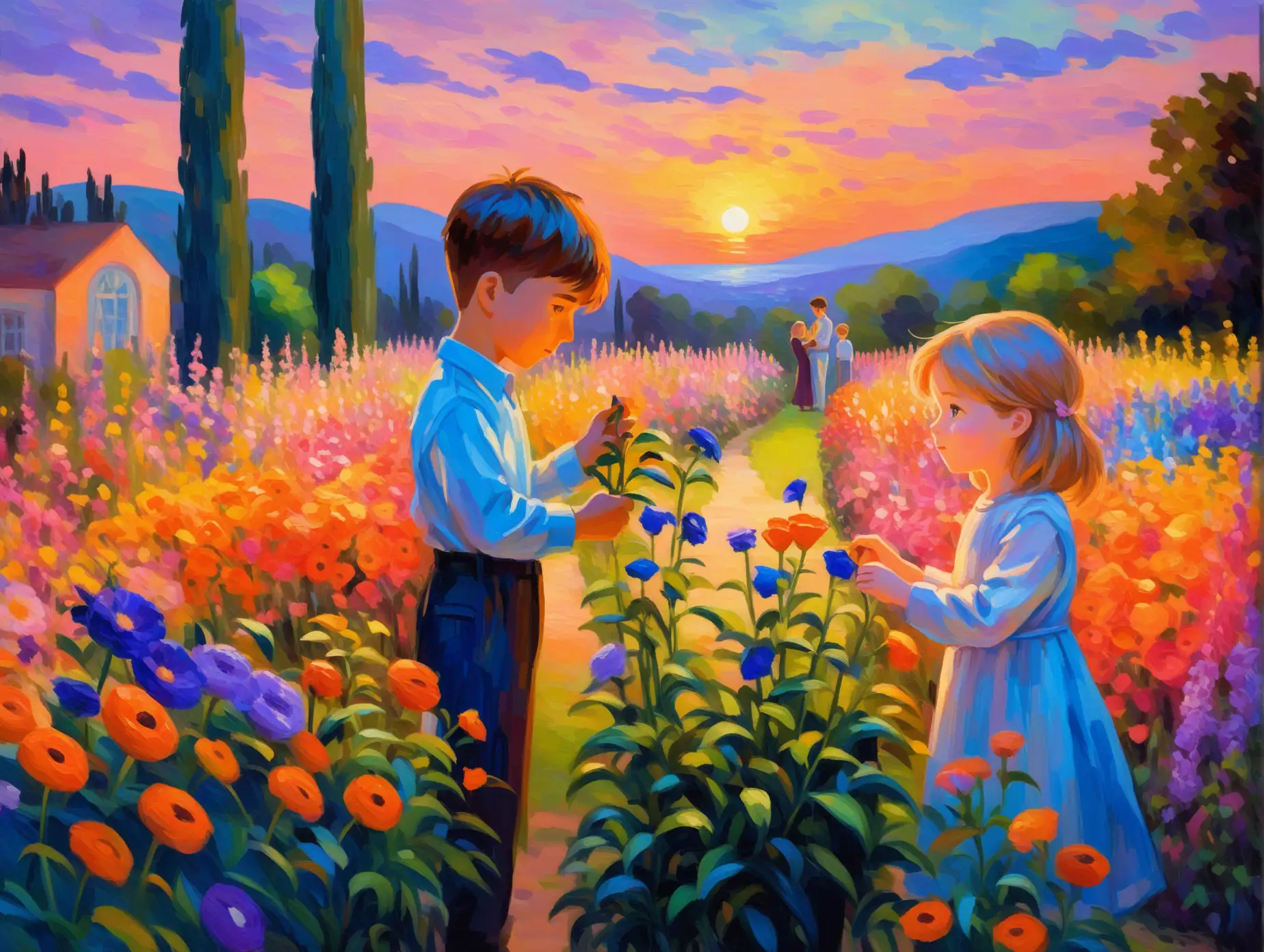 Young Boy and Girl Admiring FourOClock Flower in Colorful Garden at Sunset