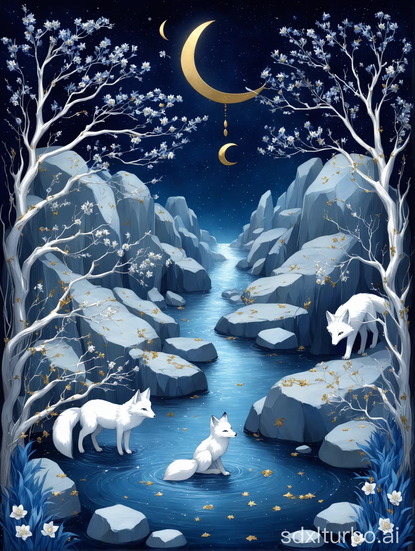 The backdrop is a deep blue starry sky with a small golden crescent moon.nOn either side are long branches of blue leaves, and scattered among them are silver flowers.nIn the middle is flowing water, with faintly discernible rocks beneath it.nIn the bottom right corner is a white fox with a long tail.