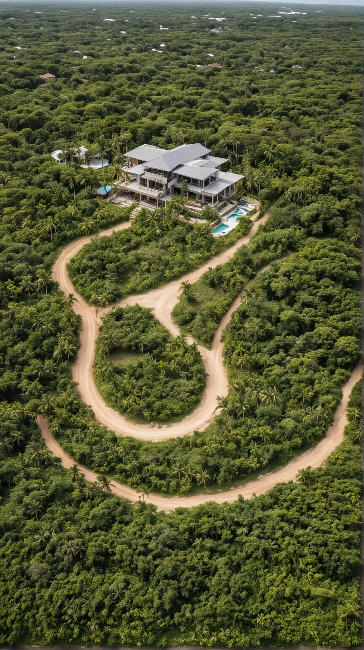 luxury carribean house with motocross trail around, land art style