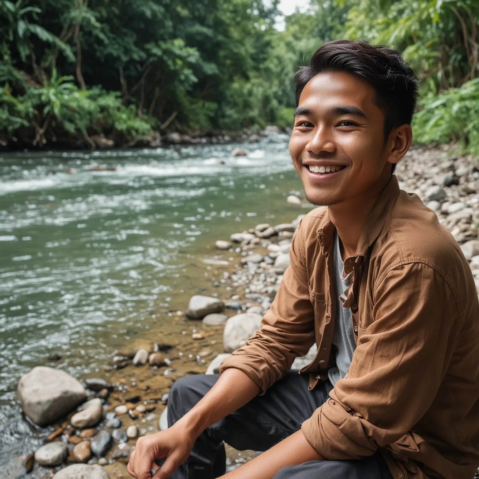 Se orang pemuda indonesia yang tampan tersenyum ramah sedang duduk di tepi sungai yang sangat jernih airnya ,